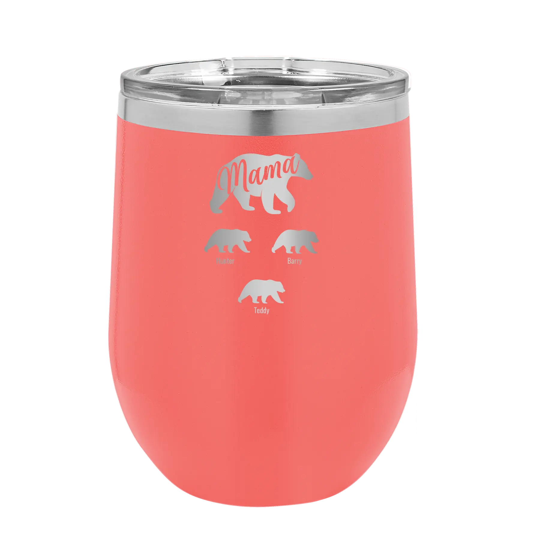 Personalized coral 12 oz vacuum insulated wine cup with 'Mama Bear 3 baby bears' design