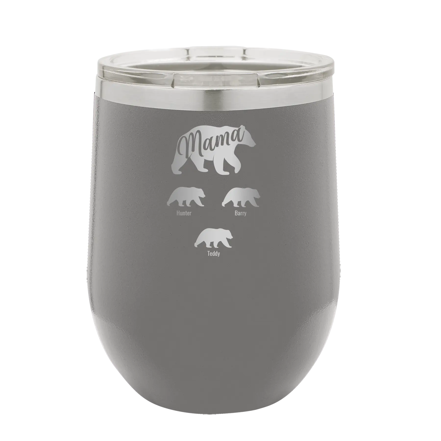 Personalized dark gray 12 oz vacuum insulated wine cup with 'Mama Bear 3 baby bears' design