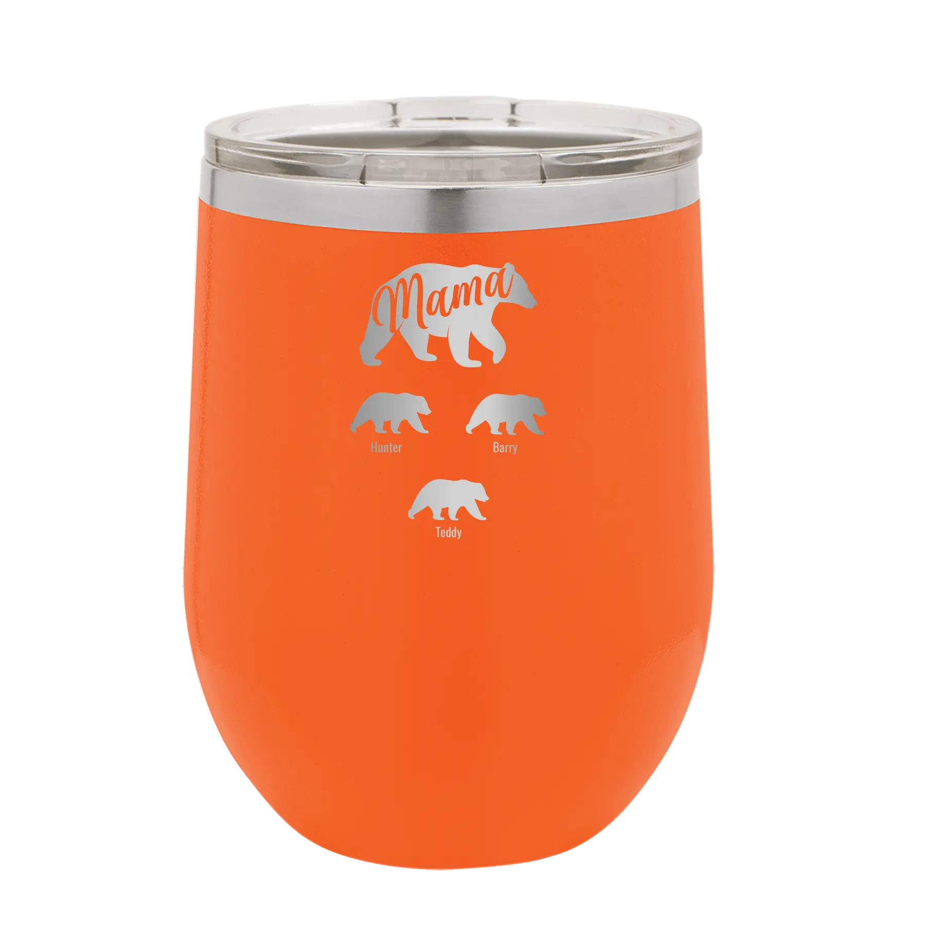 Personalized orange 12 oz vacuum insulated wine cup with 'Mama Bear 3 baby bears' design