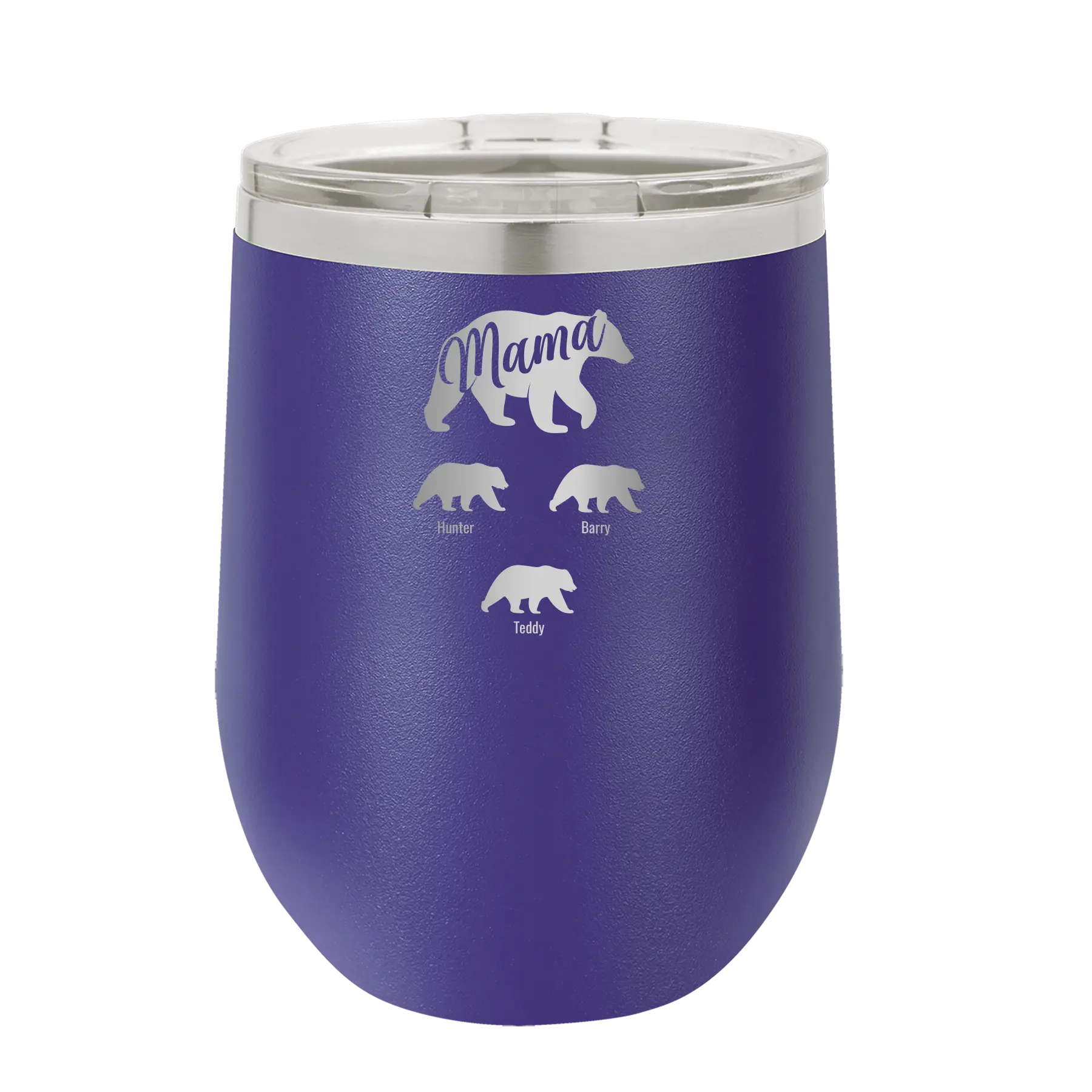 Personalized purple 12 oz vacuum insulated wine cup with 'Mama Bear 3 baby bears' design