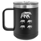 Personalized black 15 oz vacuum insulated coffee mug with 'Papa Bear 4 baby bears' design