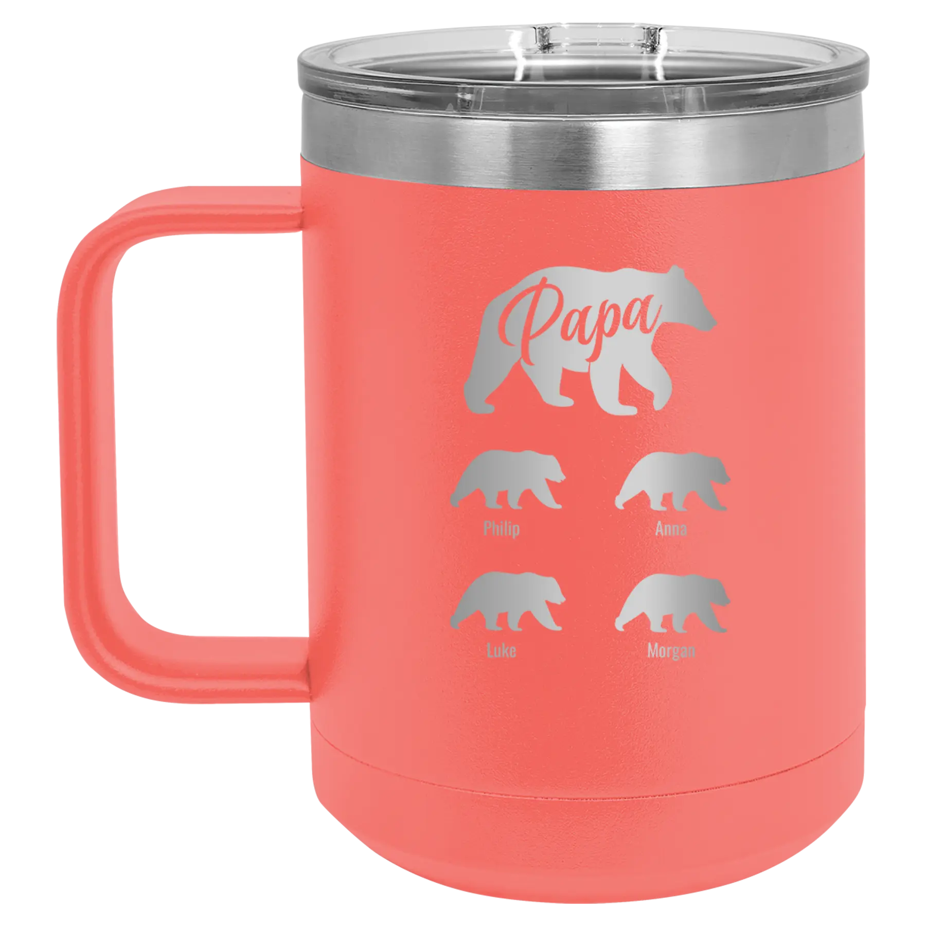 Personalized coral 15 oz vacuum insulated coffee mug with 'Papa Bear 4 baby bears' design