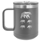 Personalized dark gray 15 oz vacuum insulated coffee mug with 'Papa Bear 4 baby bears' design