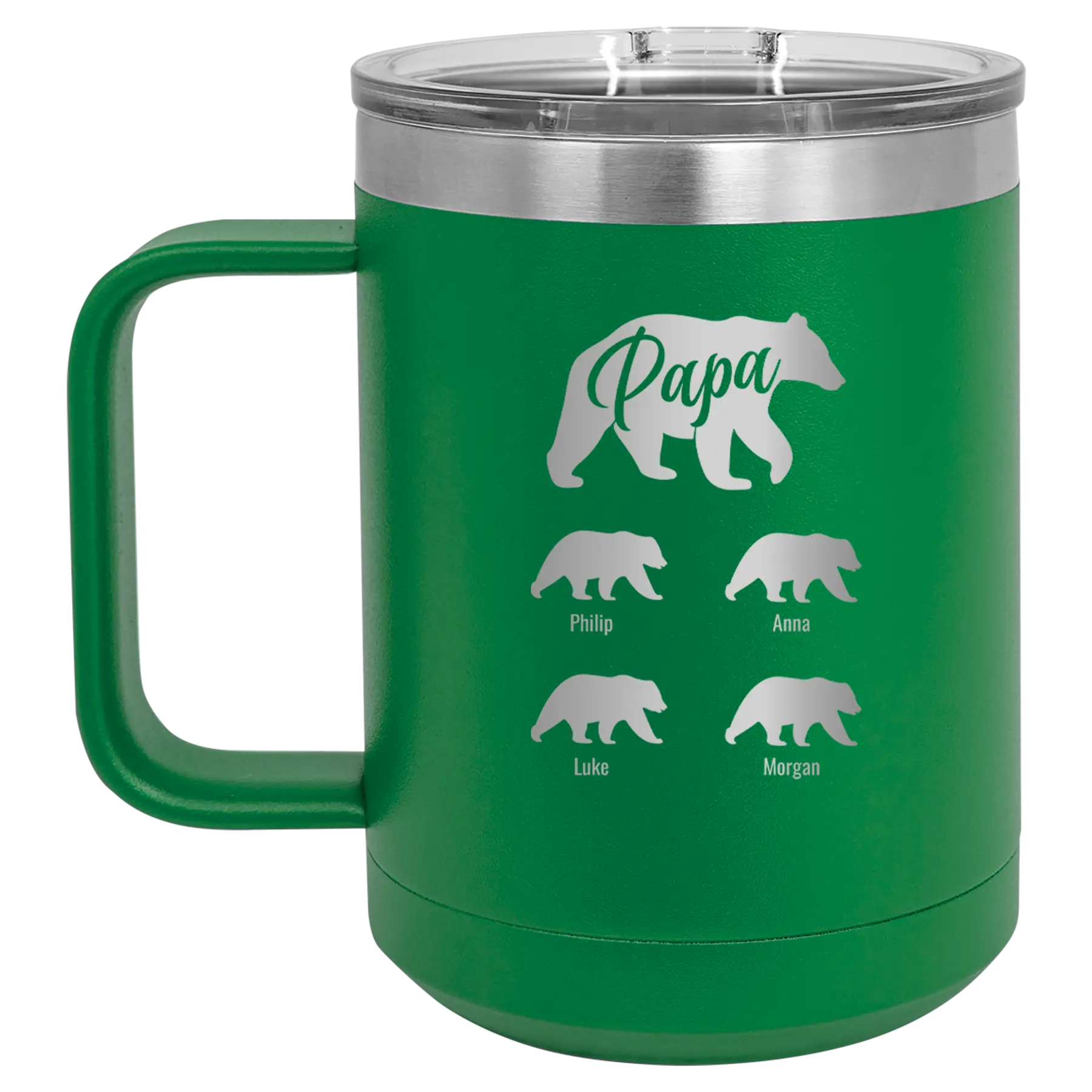 Personalized green 15 oz vacuum insulated coffee mug with 'Papa Bear 4 baby bears' design