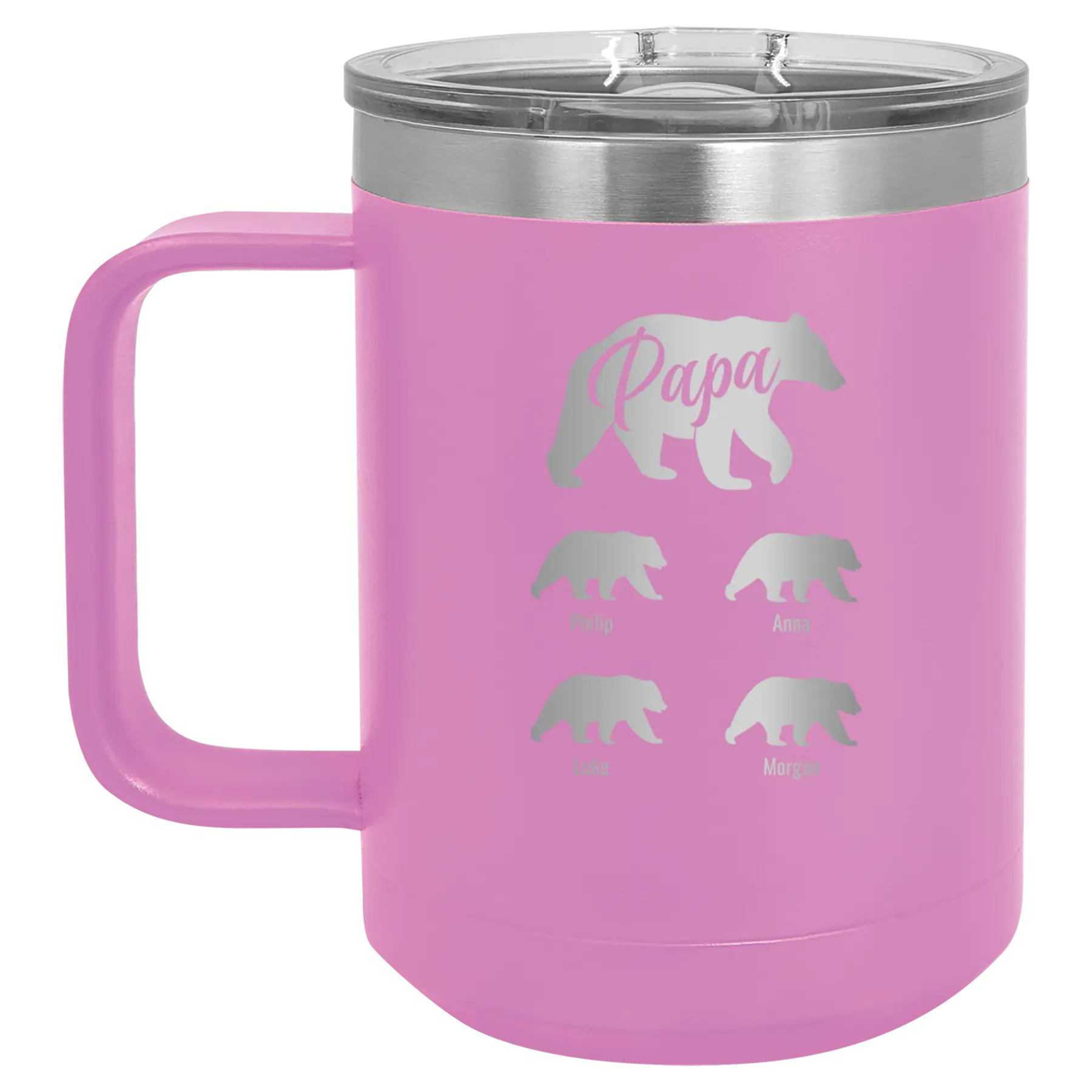Personalized light purple 15 oz vacuum insulated coffee mug with 'Papa Bear 4 baby bears' design