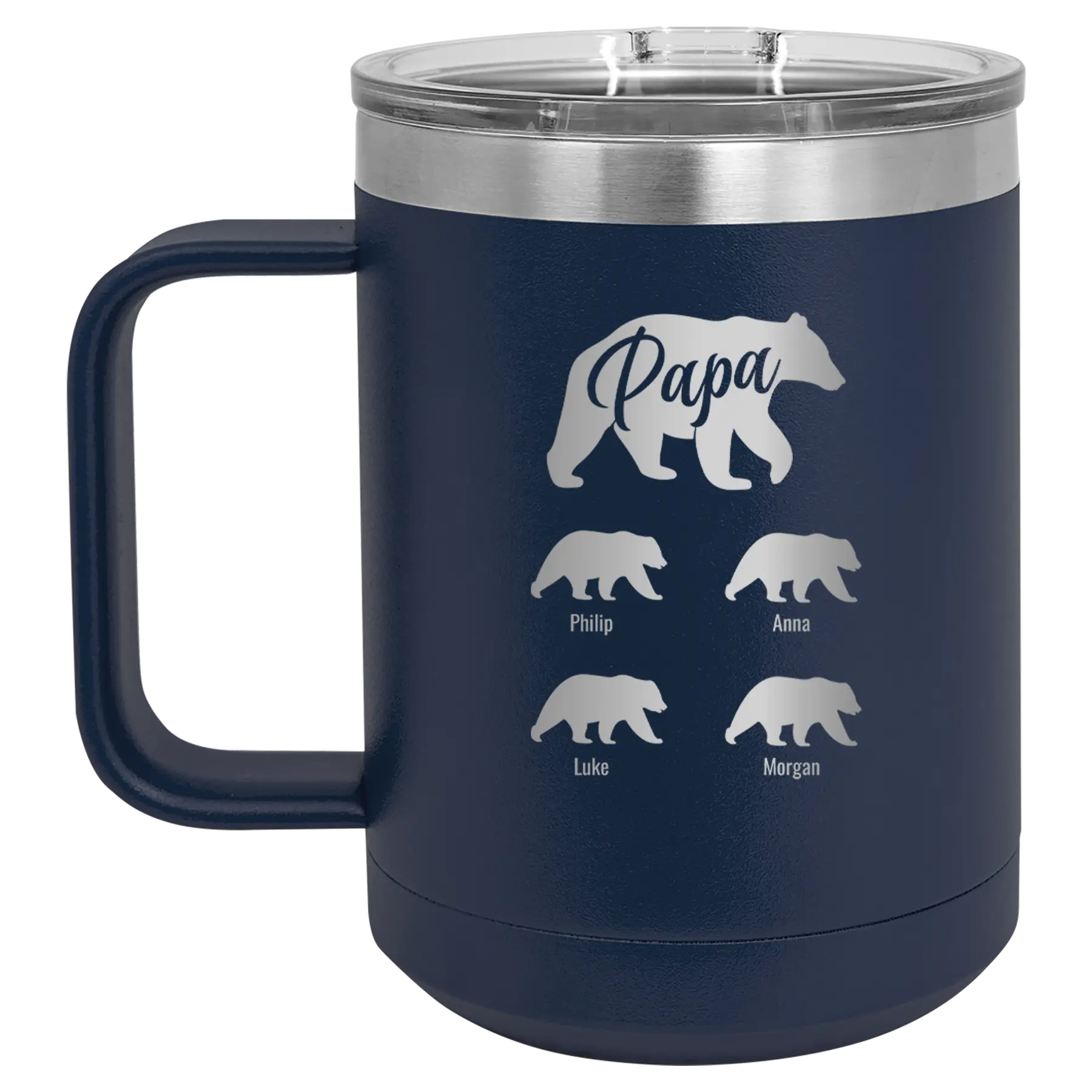 Personalized navy 15 oz vacuum insulated coffee mug with 'Papa Bear 4 baby bears' design