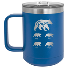 Personalized royal blue 15 oz vacuum insulated coffee mug with 'Papa Bear 4 baby bears' design