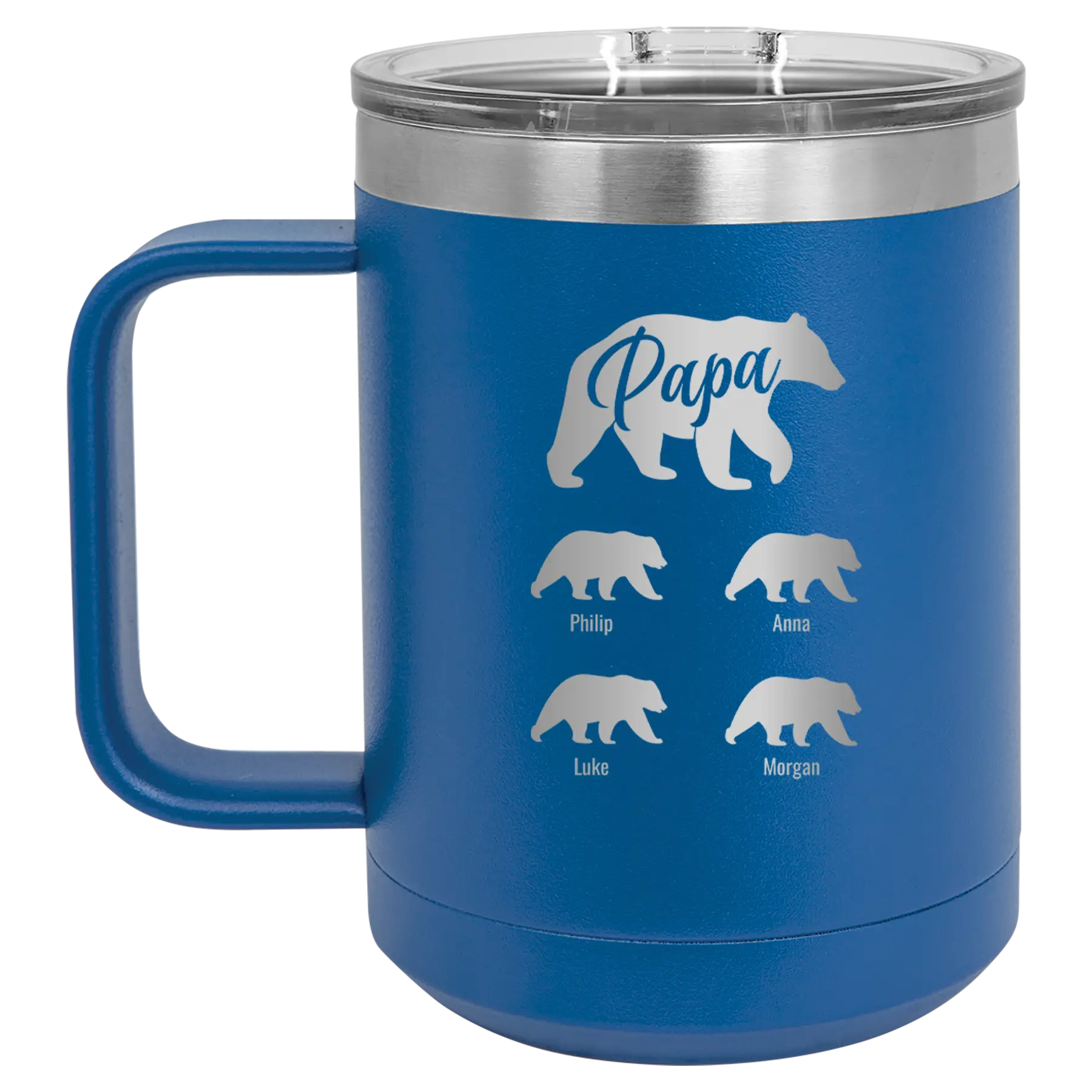 Personalized royal blue 15 oz vacuum insulated coffee mug with 'Papa Bear 4 baby bears' design