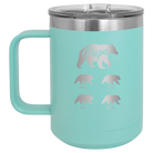 Personalized teal 15 oz vacuum insulated coffee mug with 'Papa Bear 4 baby bears' design