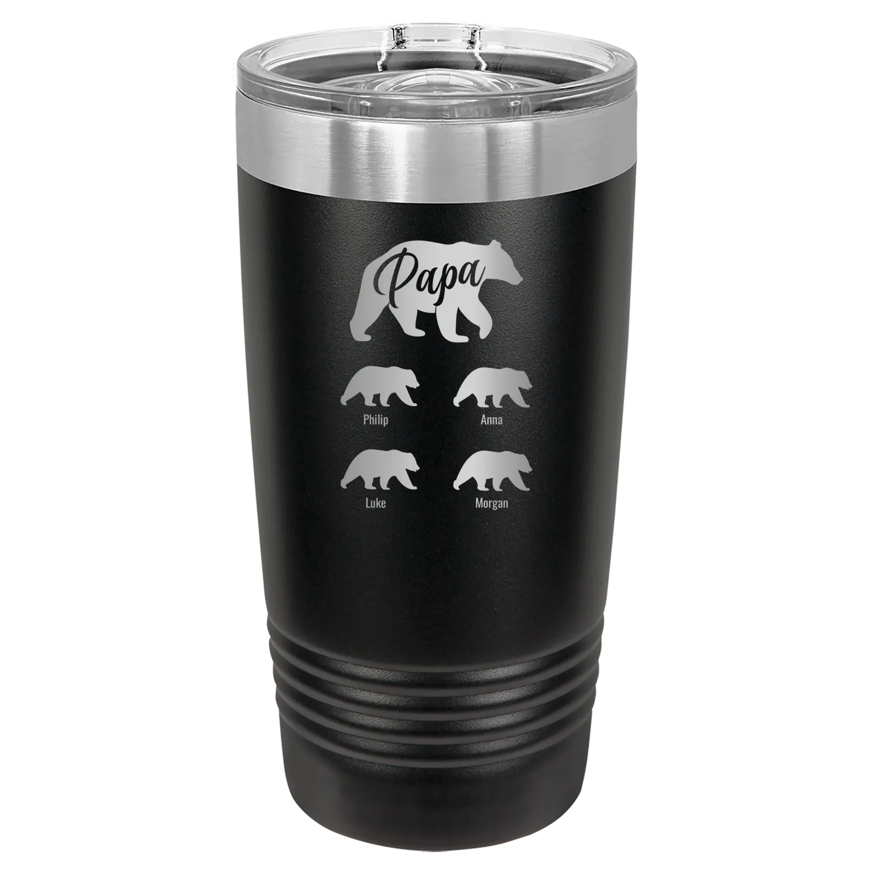 Personalized black 20 oz vacuum insulated tumbler with 'Papa Bear 4 baby bears' design