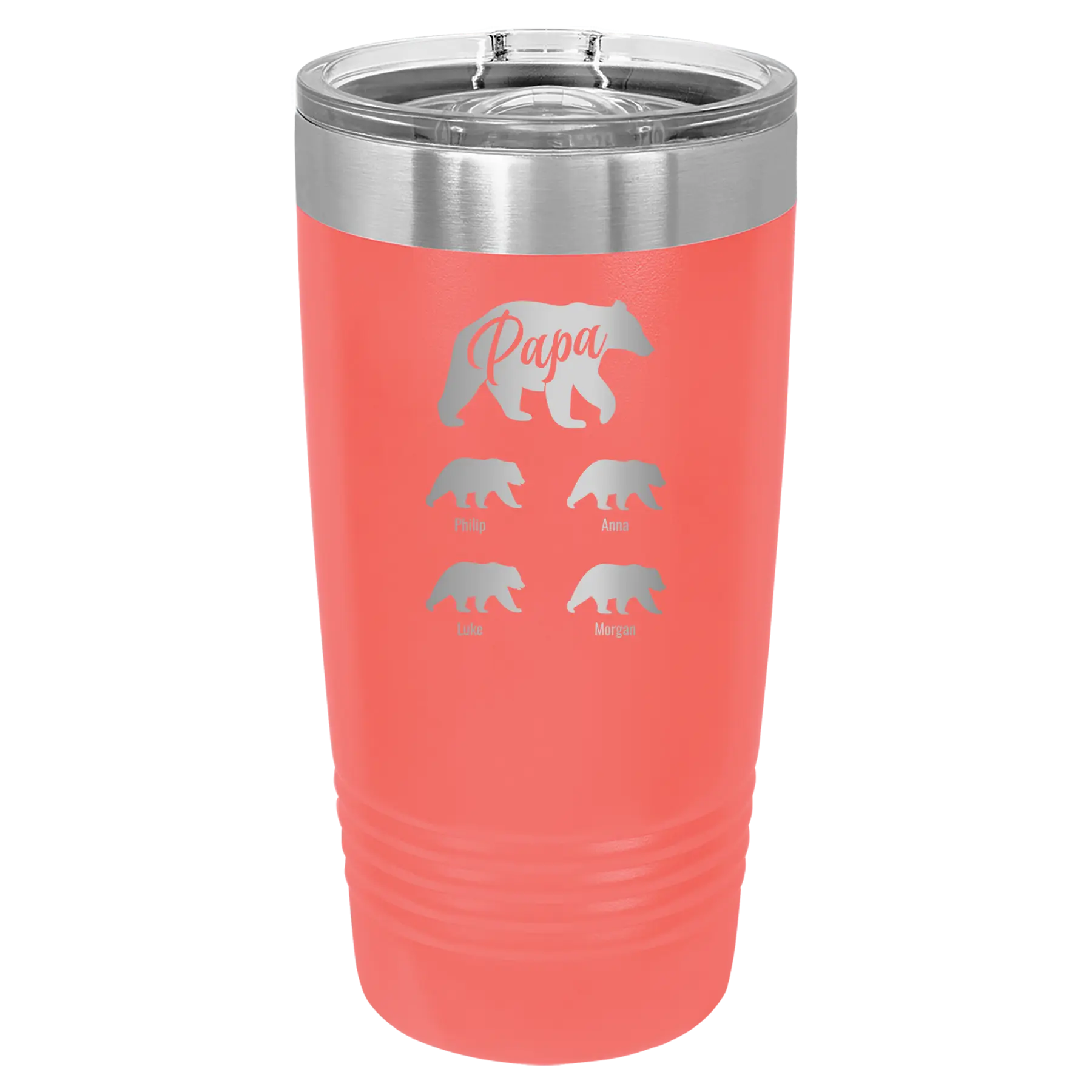 Personalized coral 20 oz vacuum insulated tumbler with 'Papa Bear 4 baby bears' design