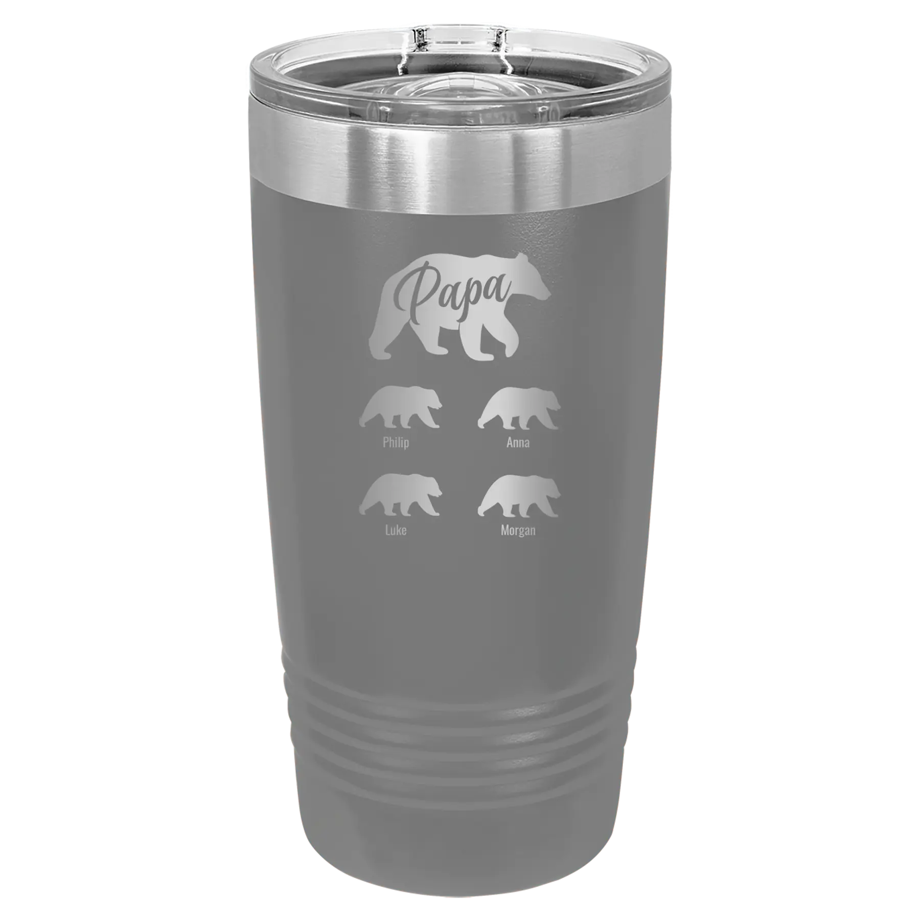 Personalized dark gray 20 oz vacuum insulated tumbler with 'Papa Bear 4 baby bears' design