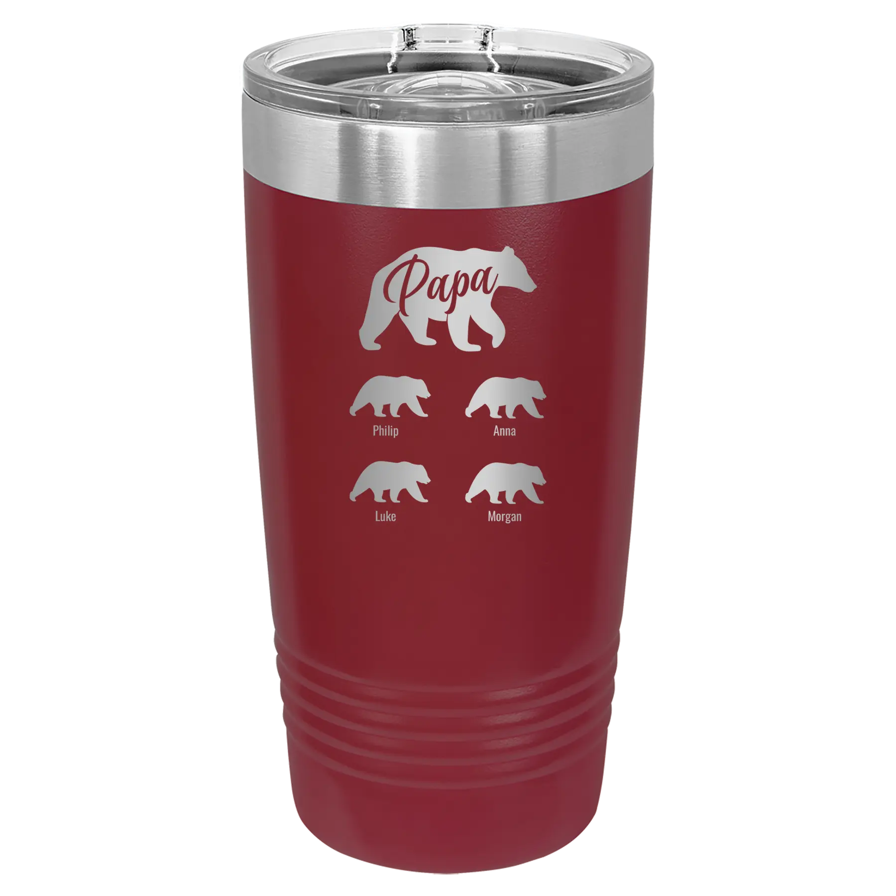 Personalized maroon 20 oz vacuum insulated tumbler with 'Papa Bear 4 baby bears' design