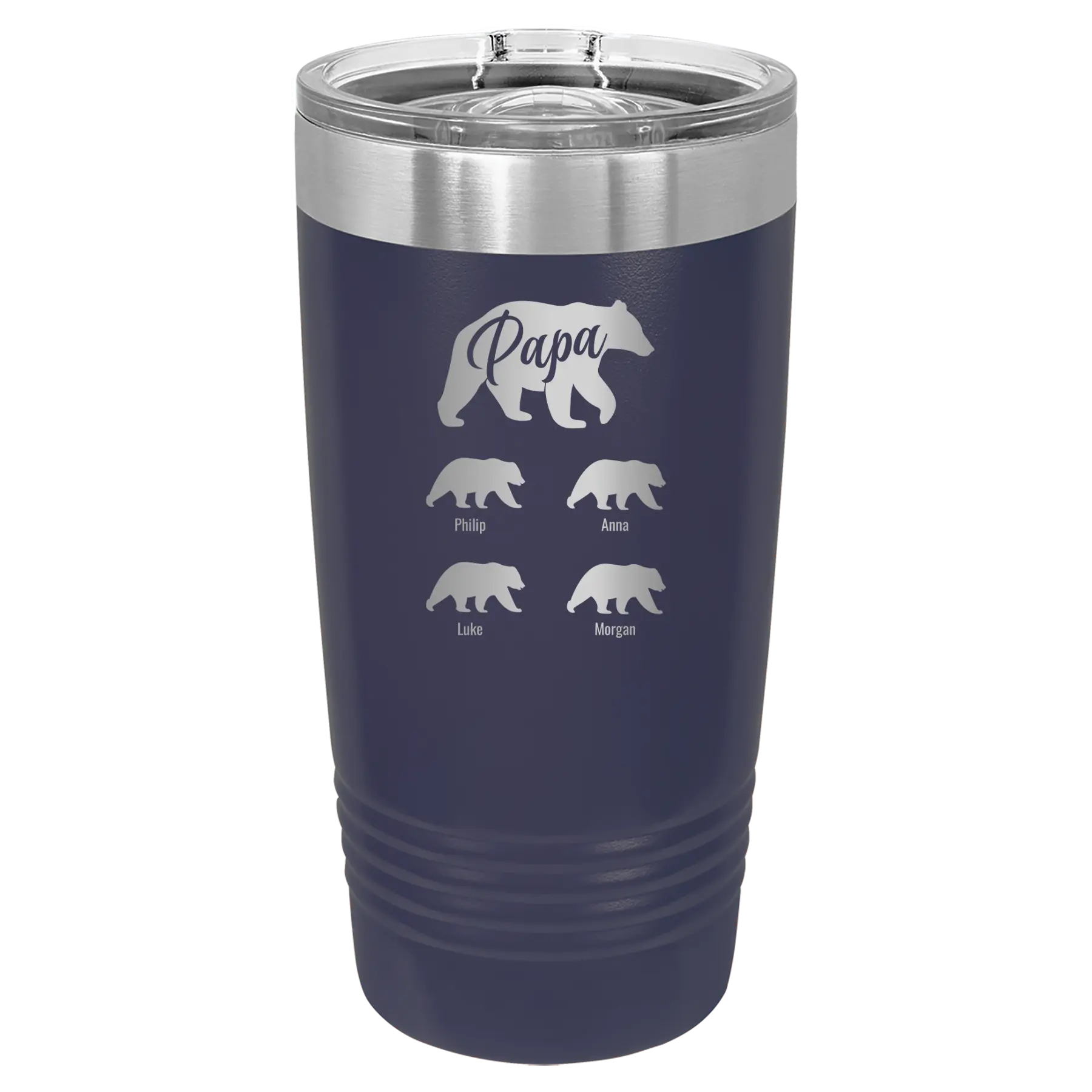 Personalized navy 20 oz vacuum insulated tumbler with 'Papa Bear 4 baby bears' design