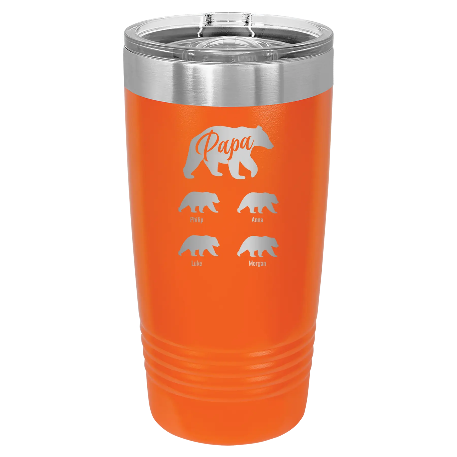 Personalized orange 20 oz vacuum insulated tumbler with 'Papa Bear 4 baby bears' design