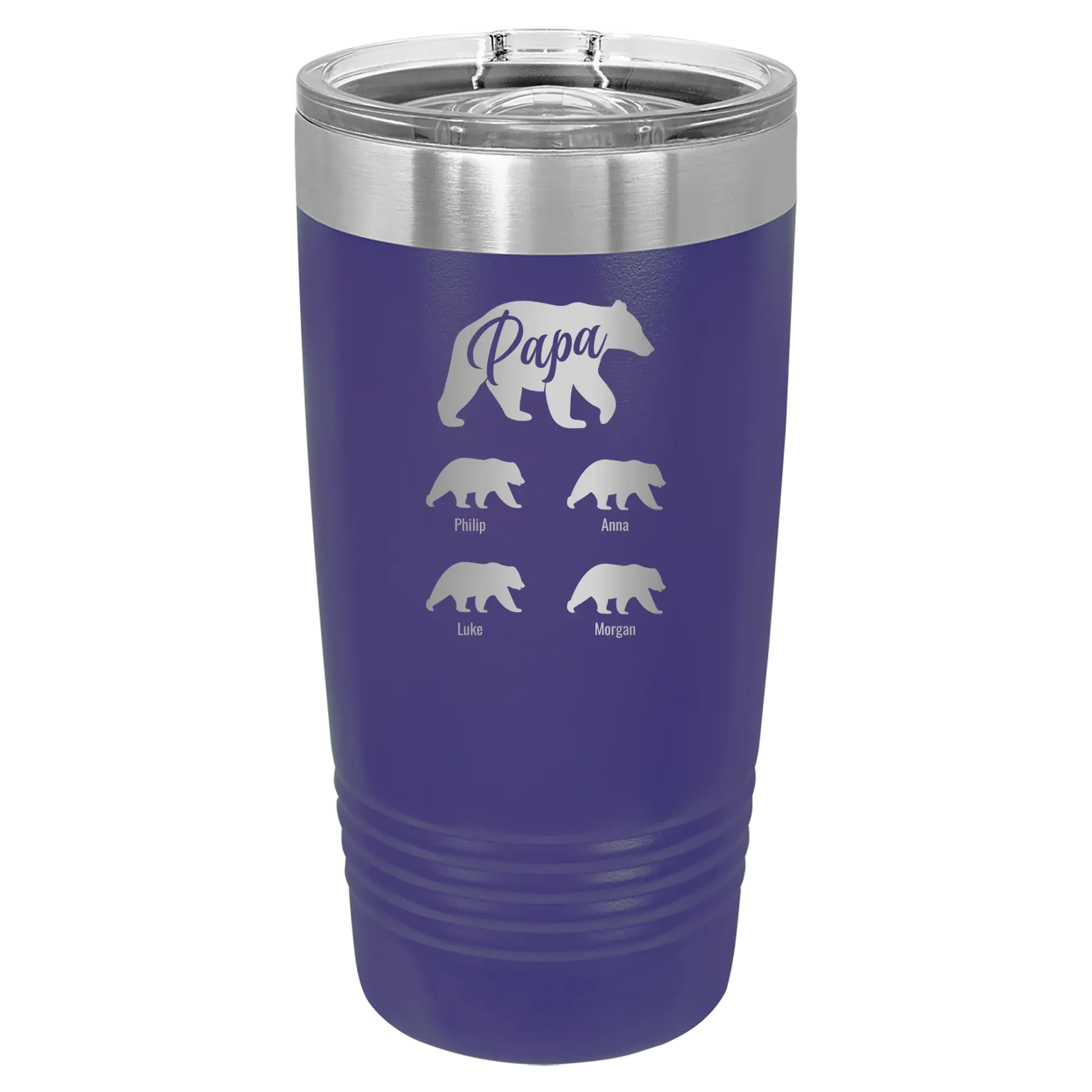 Personalized purple 20 oz vacuum insulated tumbler with 'Papa Bear 4 baby bears' design