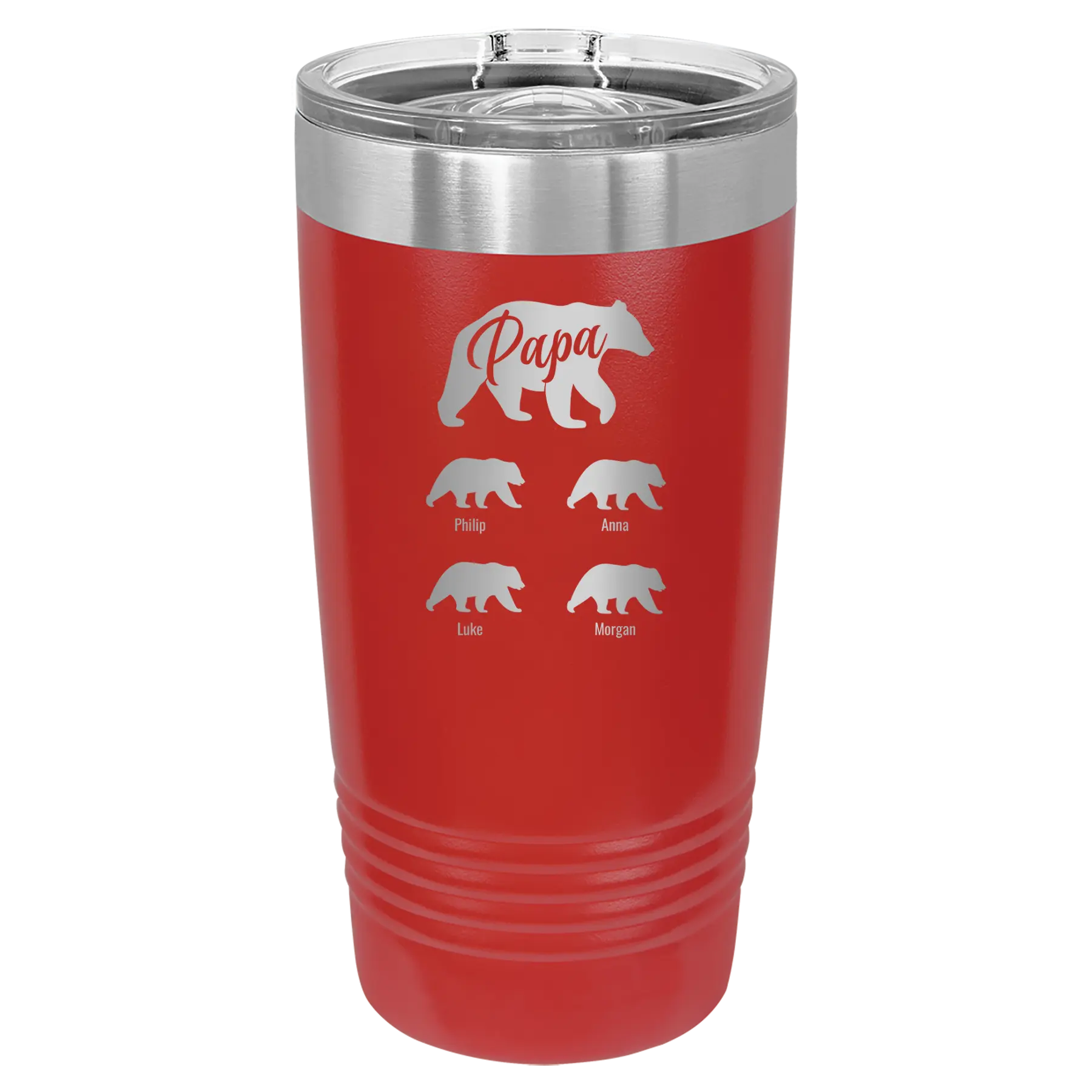 Personalized red 20 oz vacuum insulated tumbler with 'Papa Bear 4 baby bears' design
