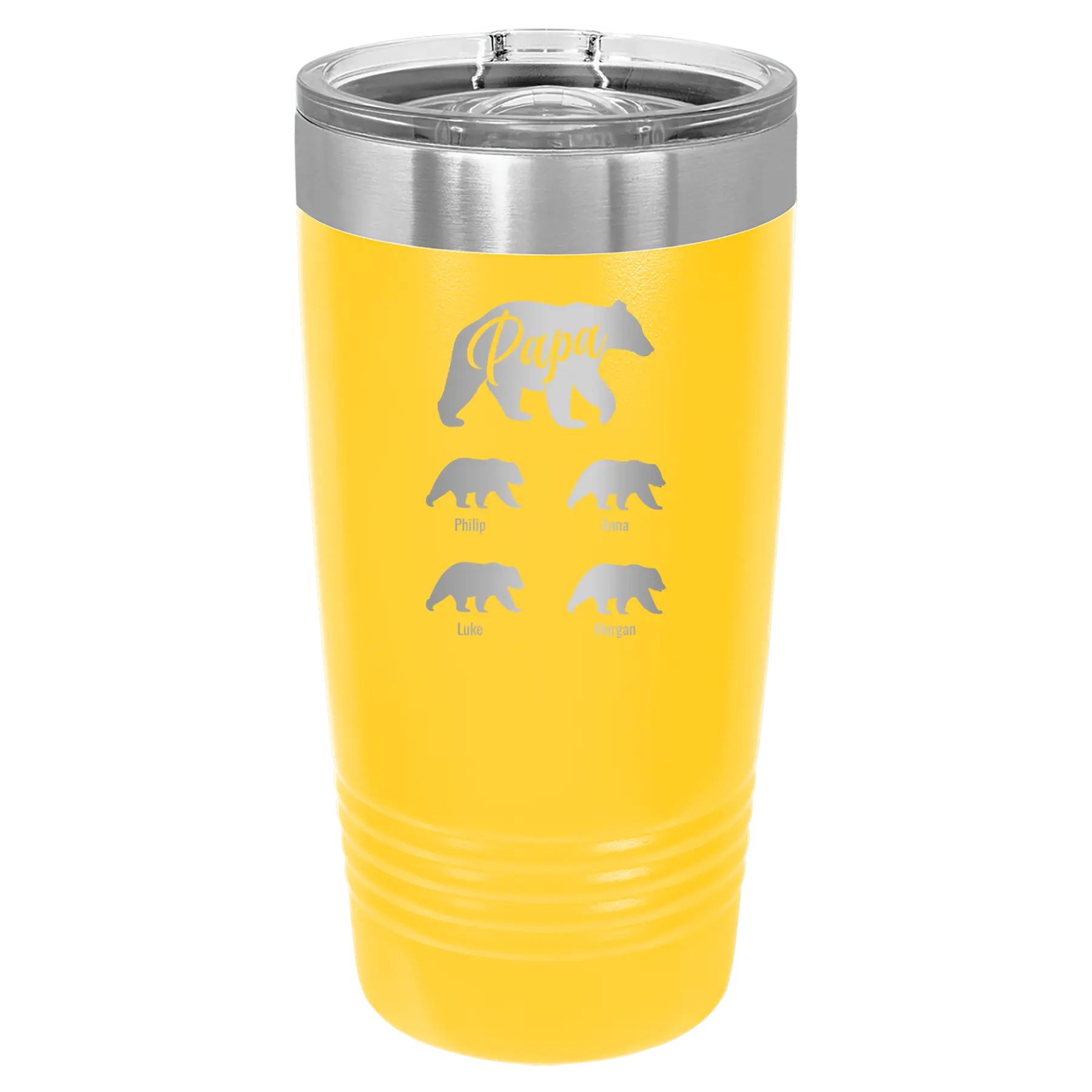 Personalized yellow 20 oz vacuum insulated tumbler with 'Papa Bear 4 baby bears' design