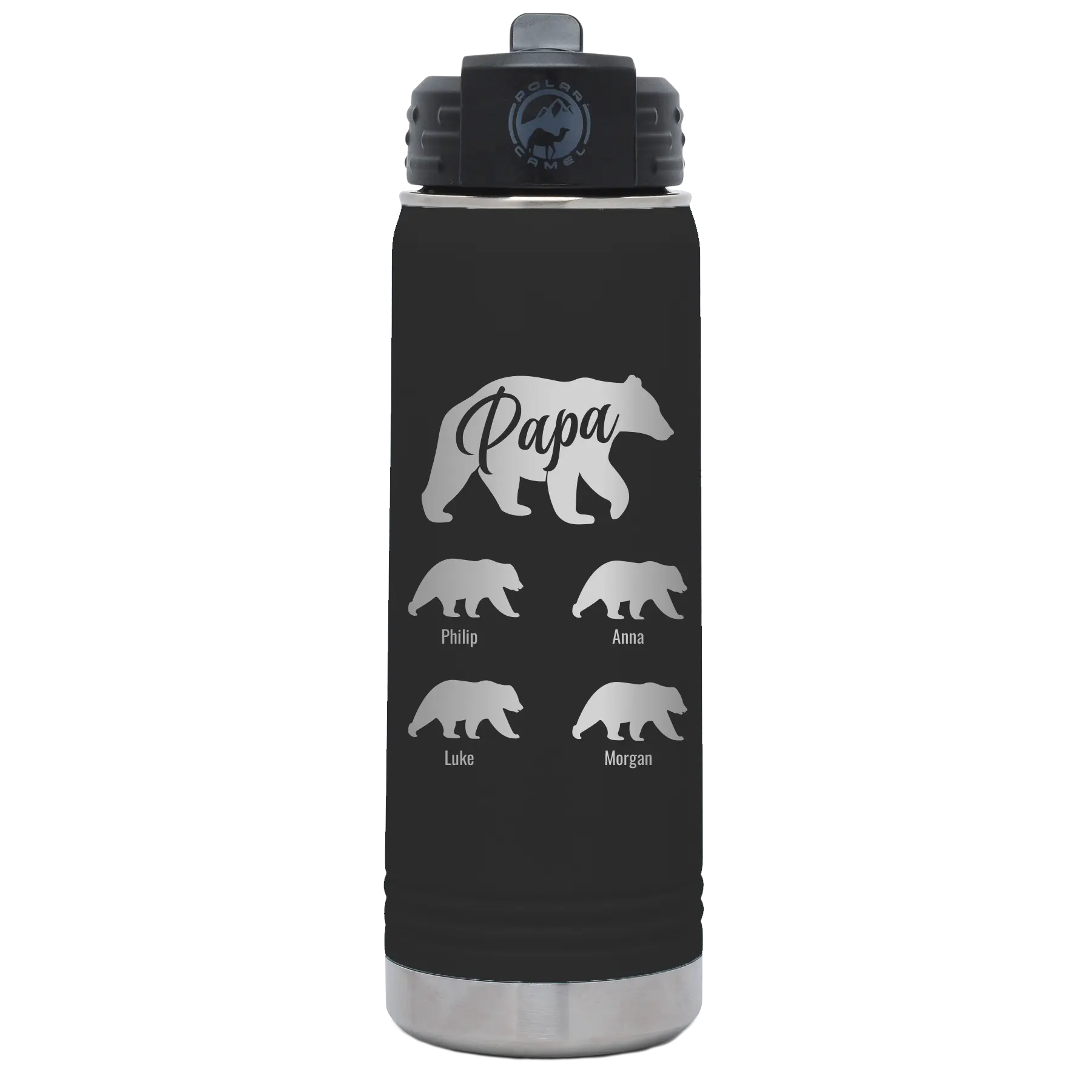 Personalized black 20 oz vacuum insulated water bottle with 'Papa Bear 4 baby bears' design