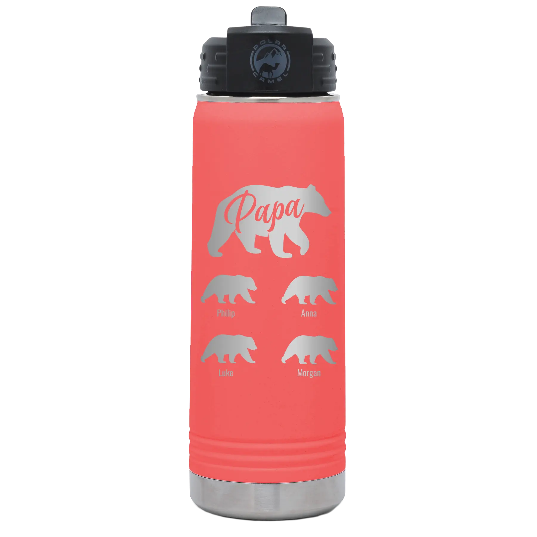 Personalized coral 20 oz vacuum insulated water bottle with 'Papa Bear 4 baby bears' design
