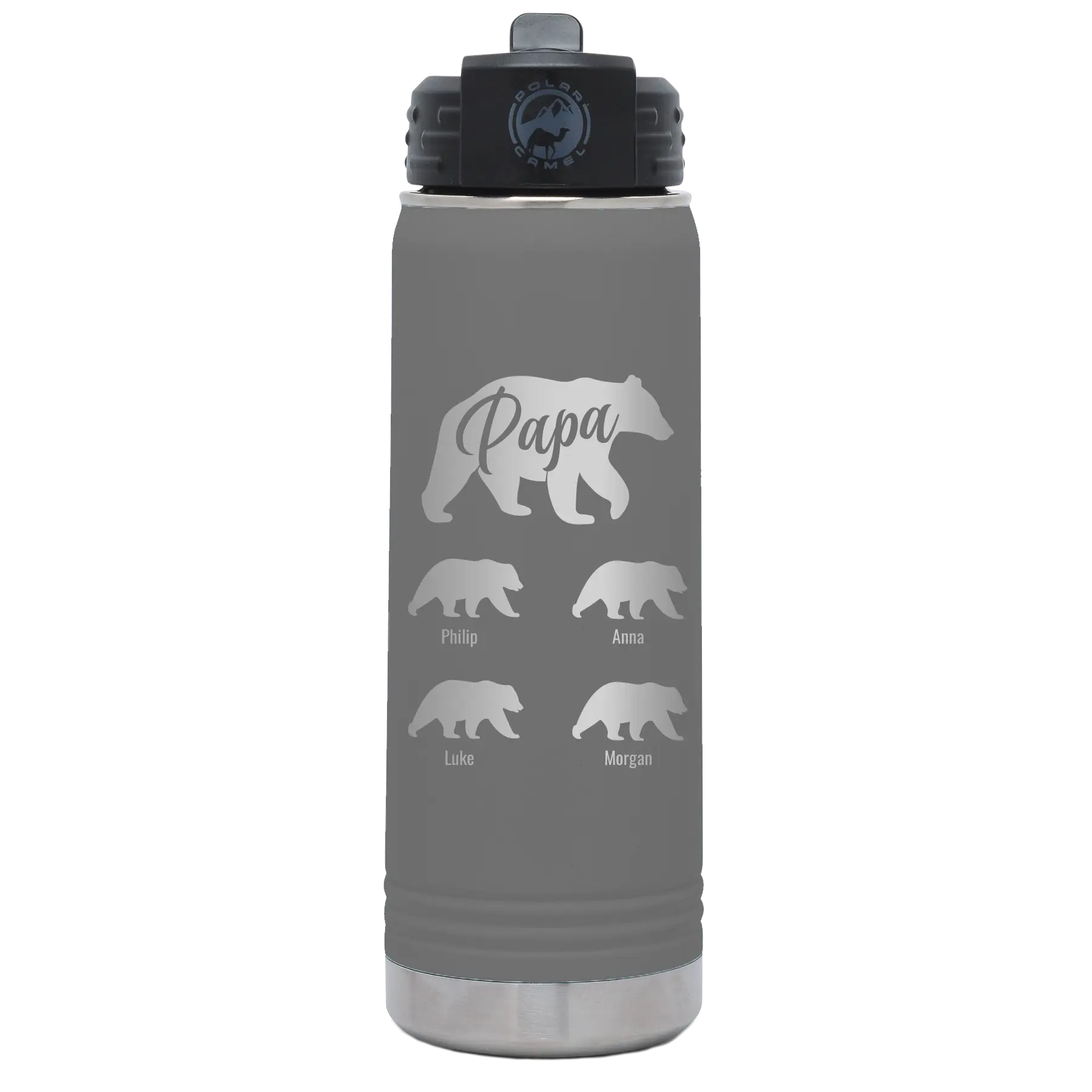 Personalized dark gray 20 oz vacuum insulated water bottle with 'Papa Bear 4 baby bears' design
