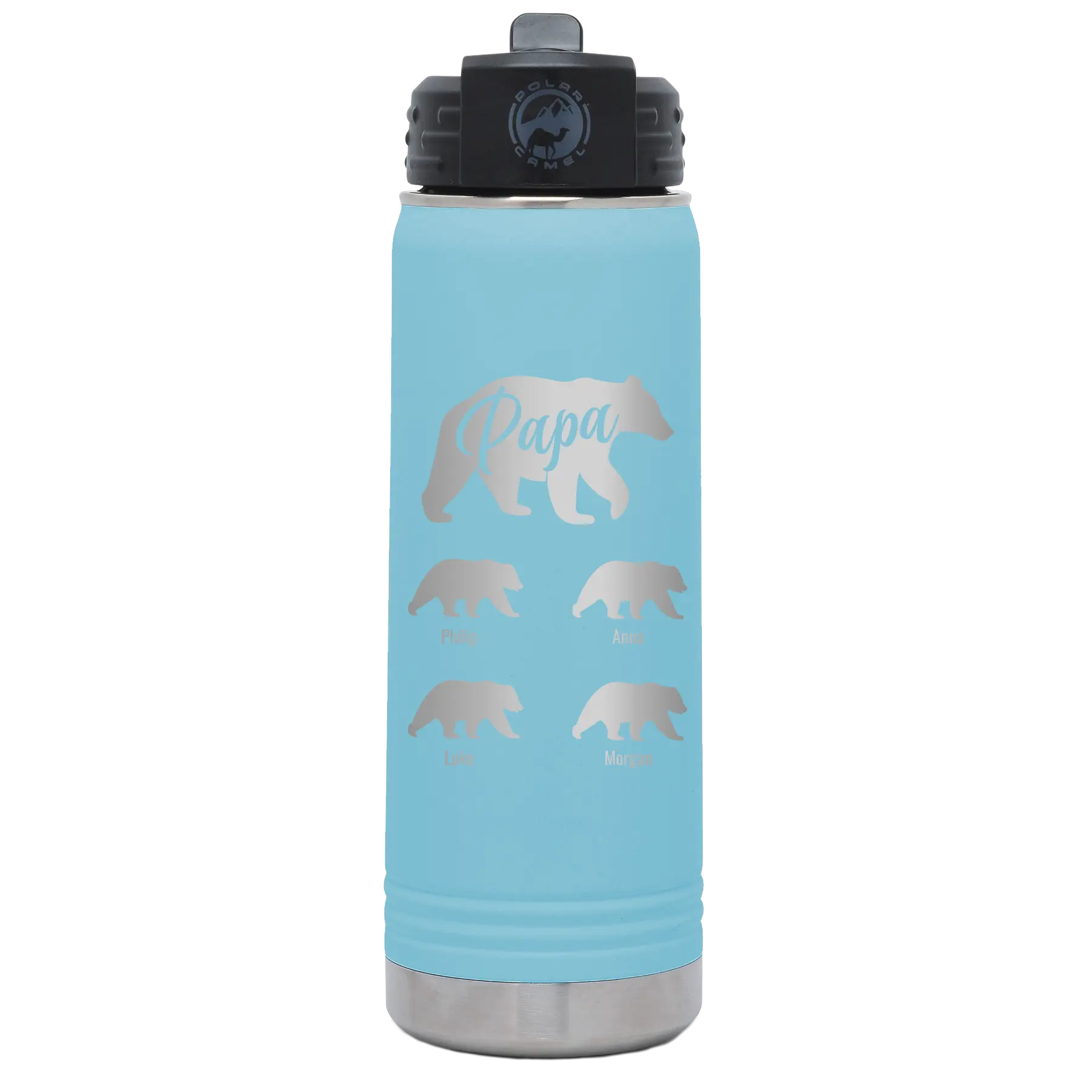 Personalized light blue 20 oz vacuum insulated water bottle with 'Papa Bear 4 baby bears' design