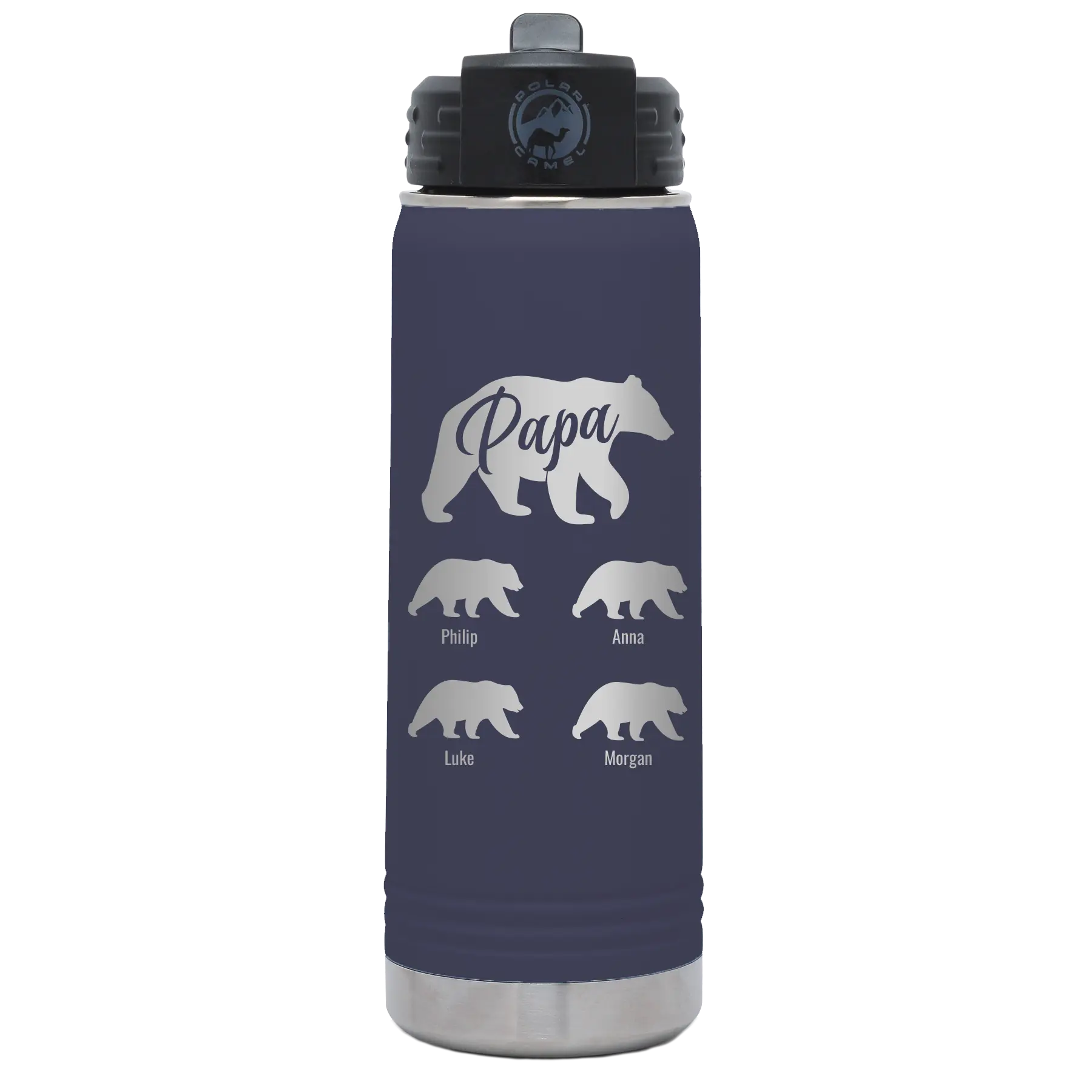 Personalized navy 20 oz vacuum insulated water bottle with 'Papa Bear 4 baby bears' design