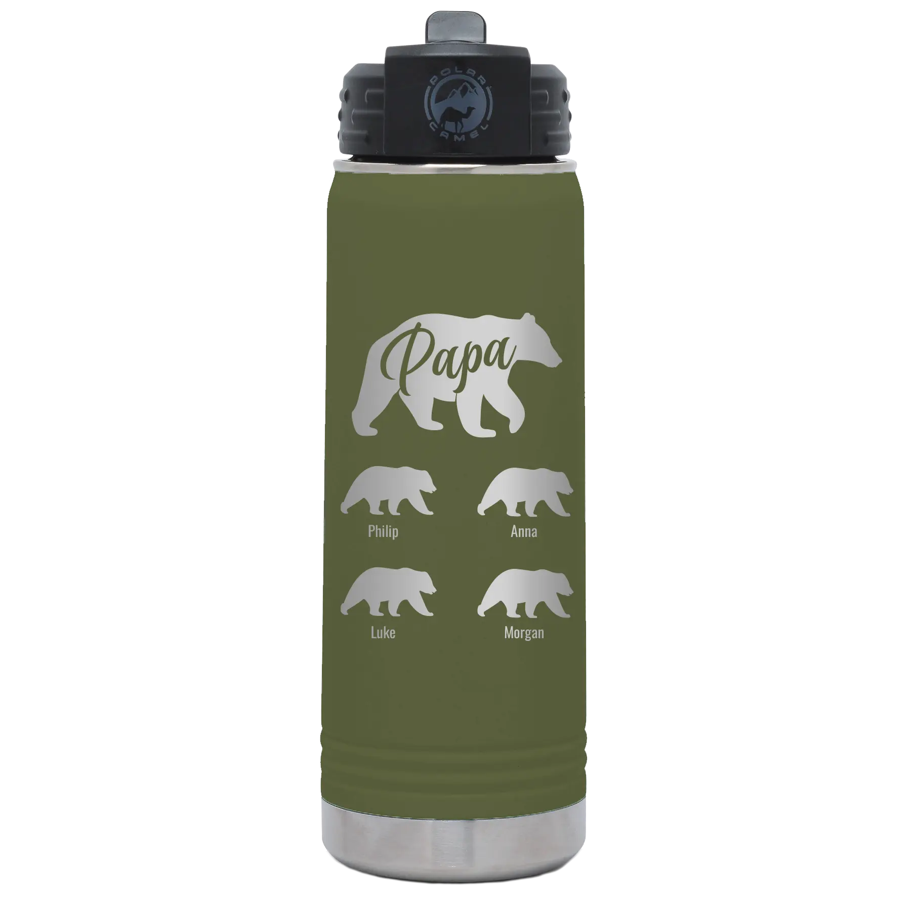 Personalized olive green 20 oz vacuum insulated water bottle with 'Papa Bear 4 baby bears' design