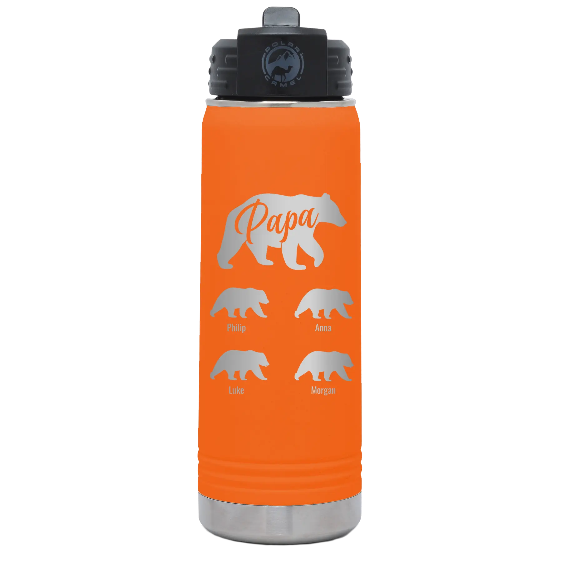 Personalized orange 20 oz vacuum insulated water bottle with 'Papa Bear 4 baby bears' design