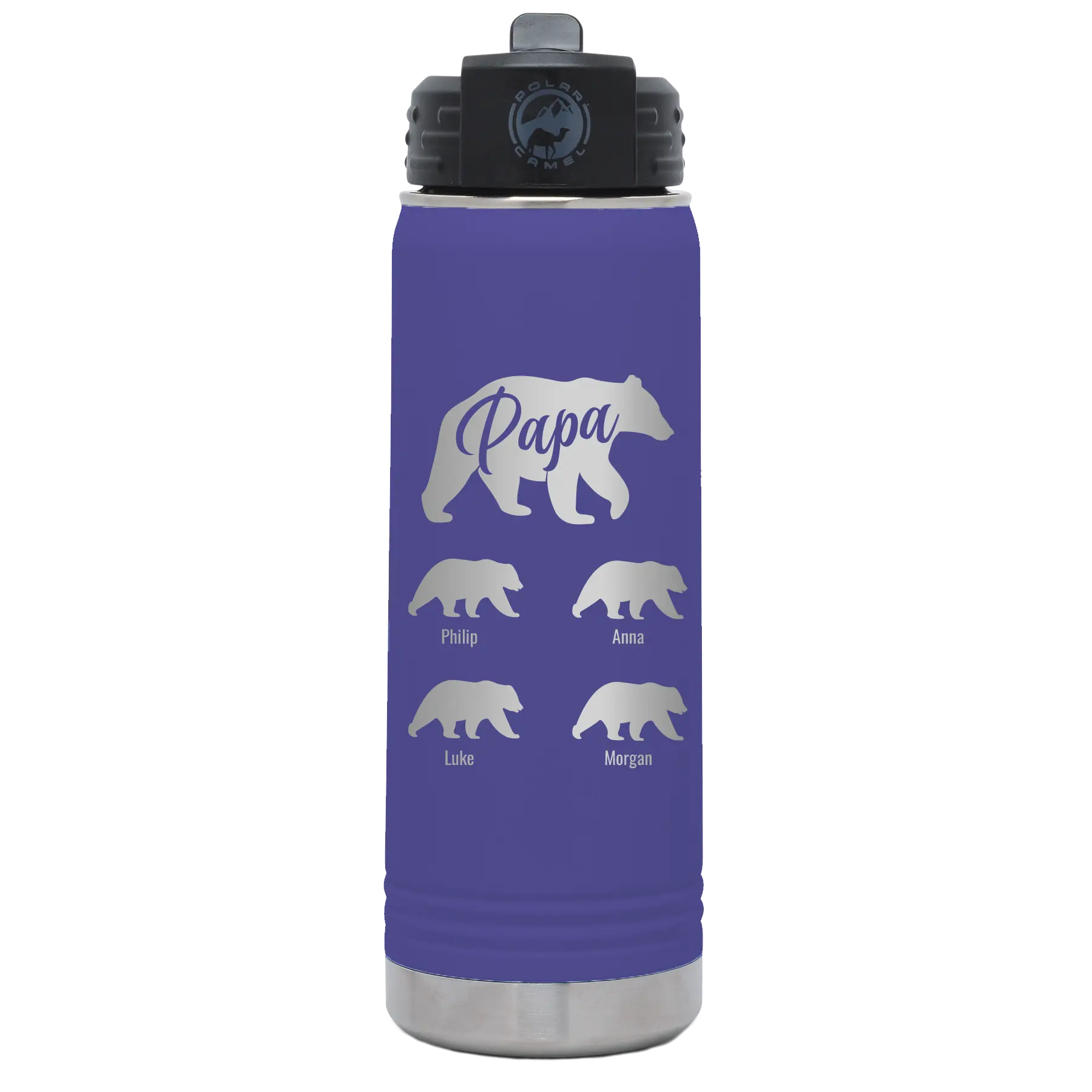 Personalized purple 20 oz vacuum insulated water bottle with 'Papa Bear 4 baby bears' design
