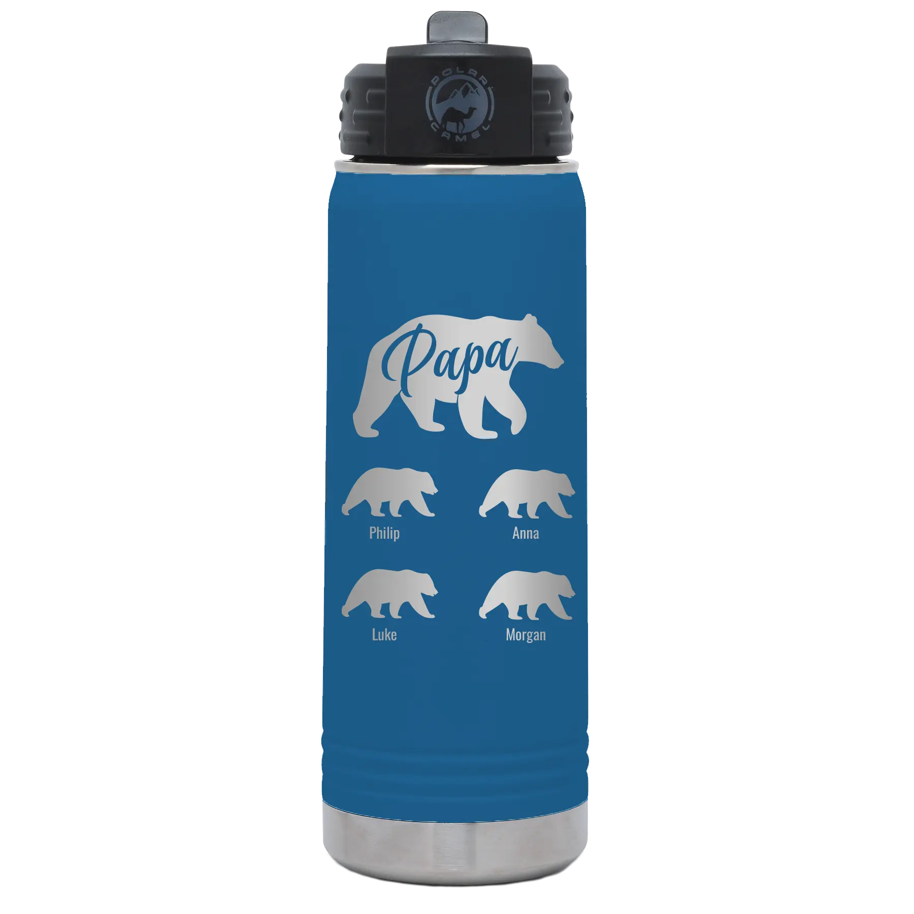 Personalized royal blue 20 oz vacuum insulated water bottle with 'Papa Bear 4 baby bears' design