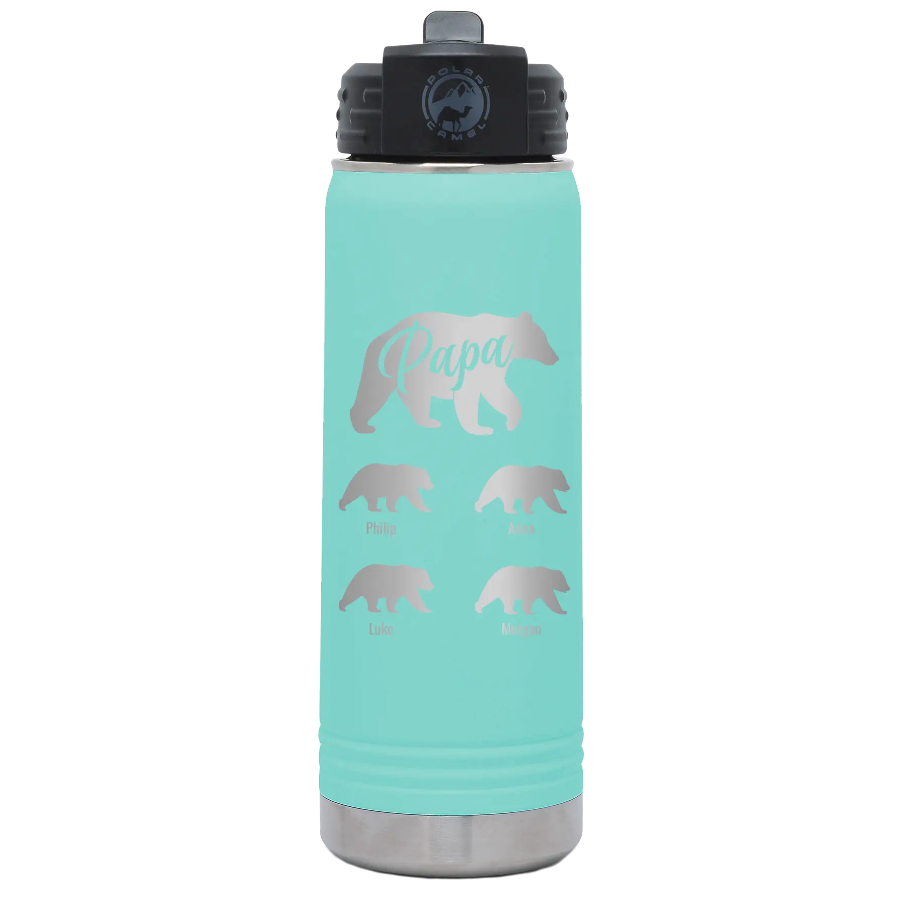 Personalized teal 20 oz vacuum insulated water bottle with 'Papa Bear 4 baby bears' design