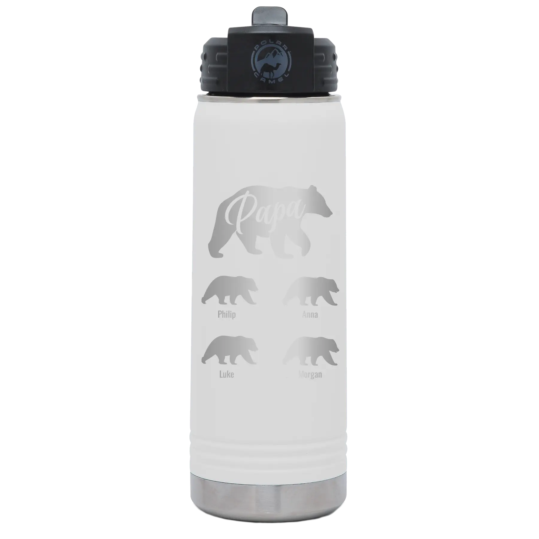 Personalized white 20 oz vacuum insulated water bottle with 'Papa Bear 4 baby bears' design