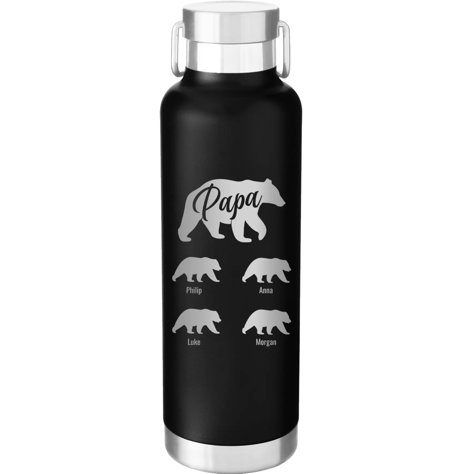 Personalized black 24 oz vacuum insulated water bottle with 'Papa Bear 4 baby bears' design