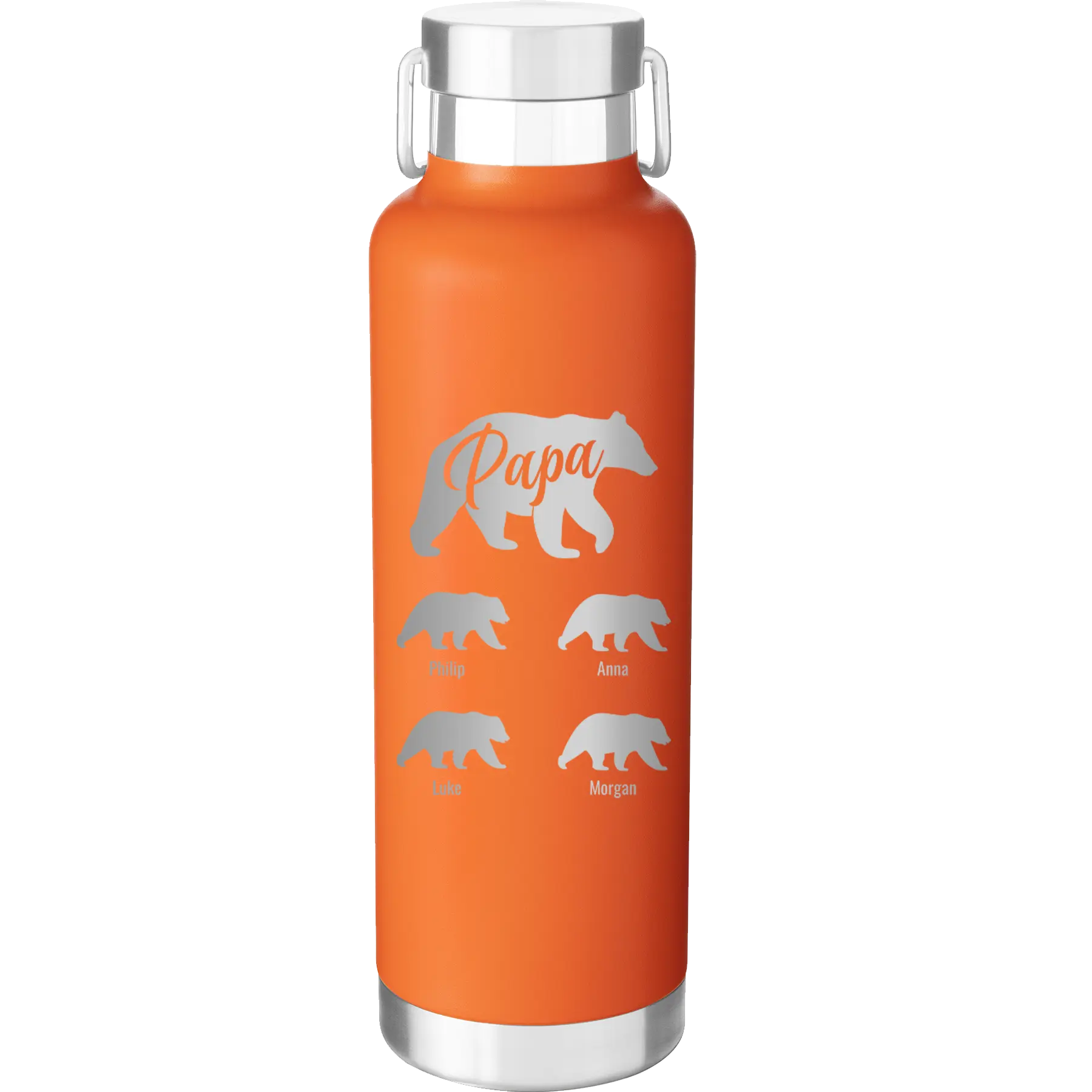 Personalized orange 24 oz vacuum insulated water bottle with 'Papa Bear 4 baby bears' design