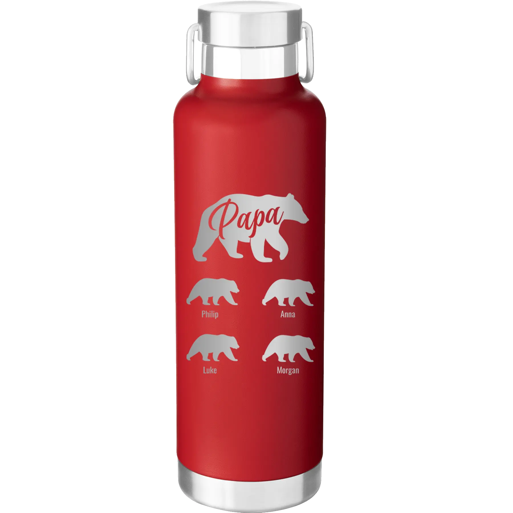 Personalized red 24 oz vacuum insulated water bottle with 'Papa Bear 4 baby bears' design
