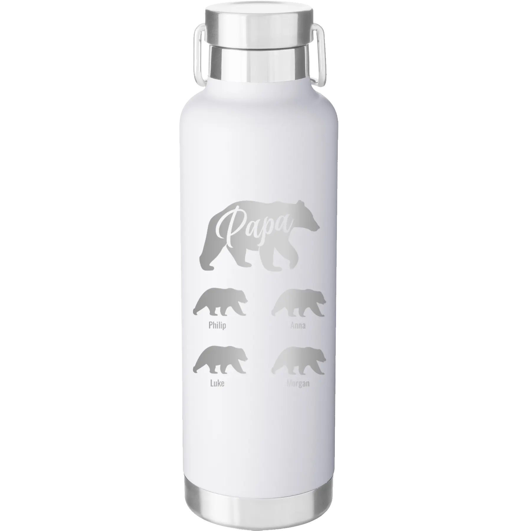 Personalized white 24 oz vacuum insulated water bottle with 'Papa Bear 4 baby bears' design