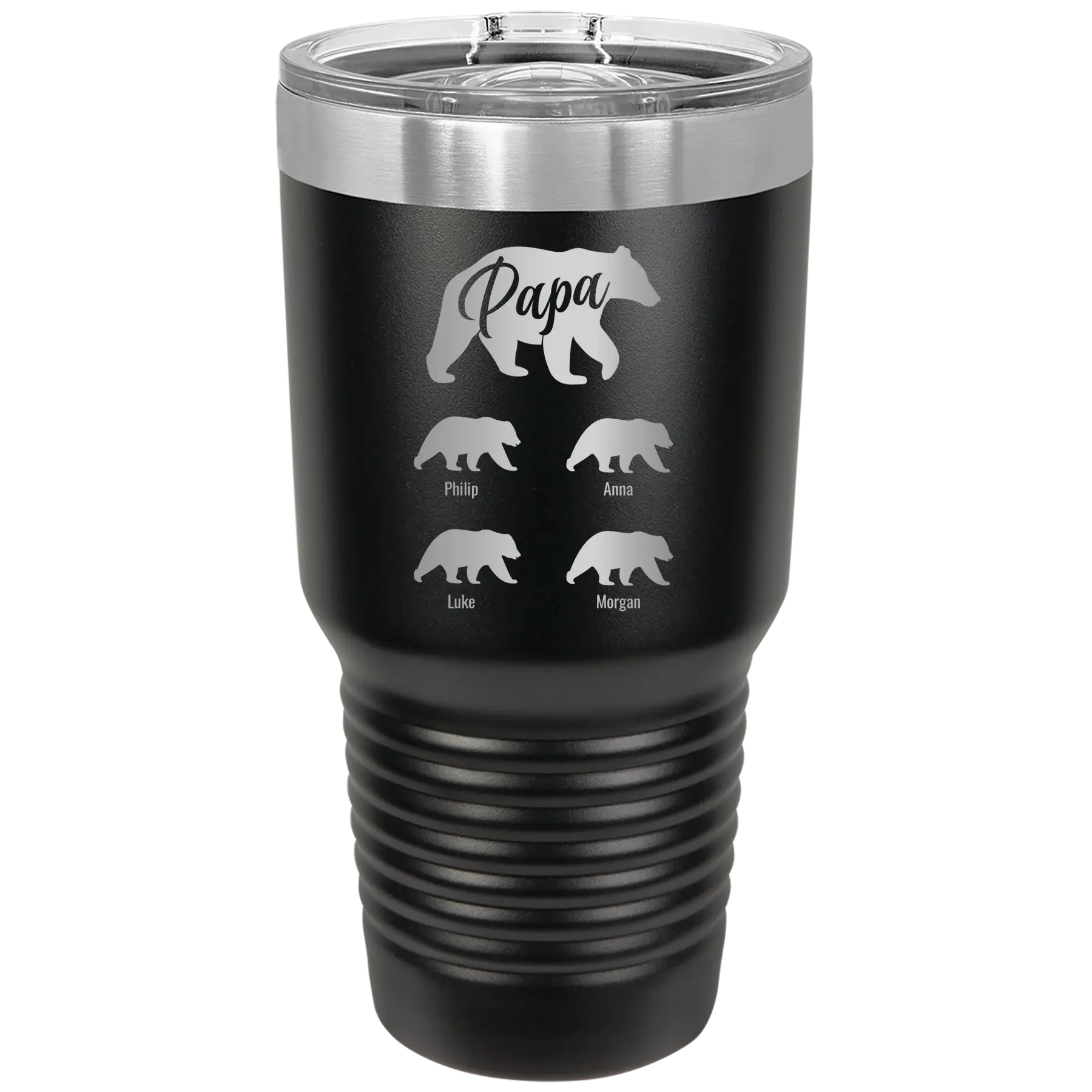 Personalized black 30 oz vacuum insulated tumbler with 'Papa Bear 4 baby bears' design