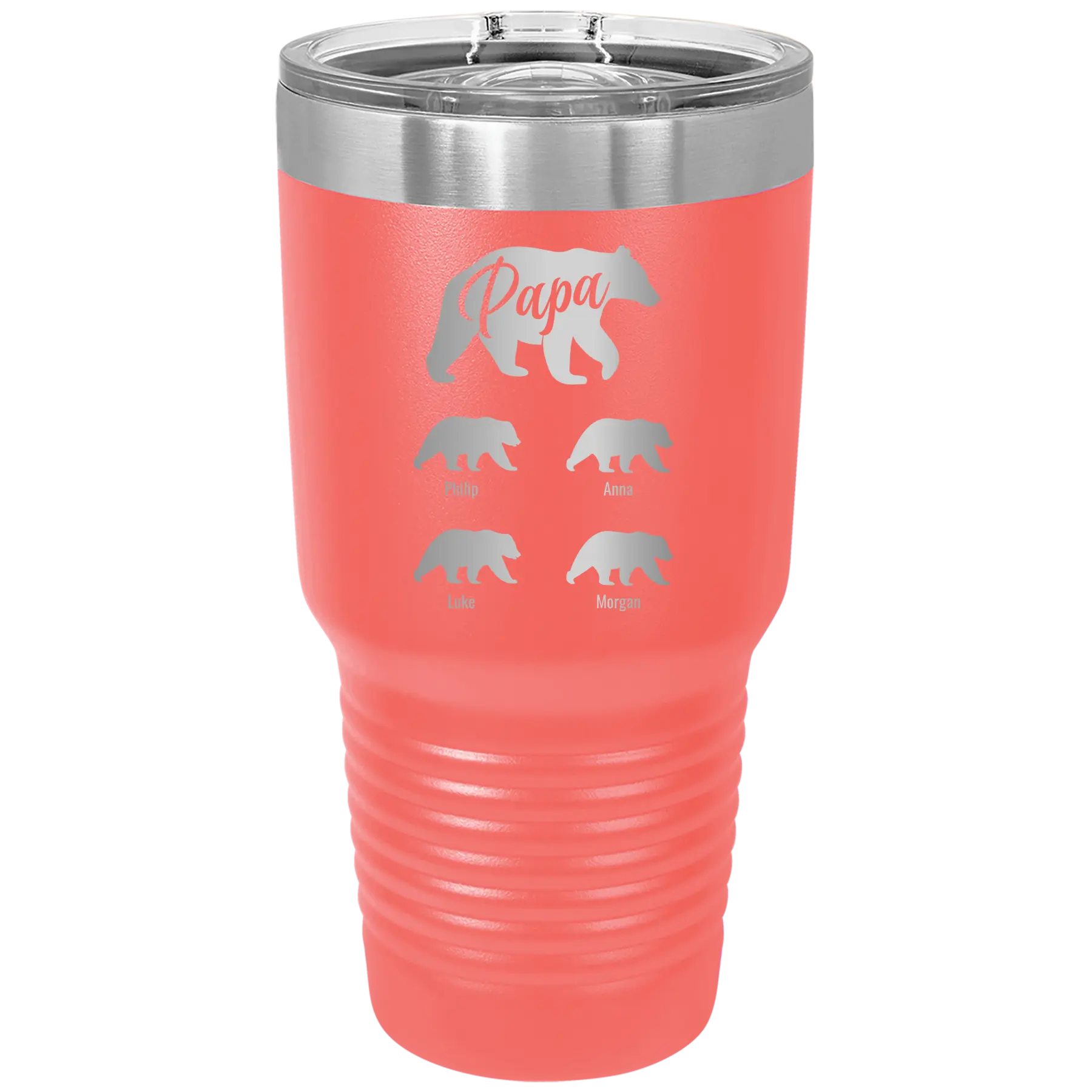 Personalized coral 30 oz vacuum insulated tumbler with 'Papa Bear 4 baby bears' design