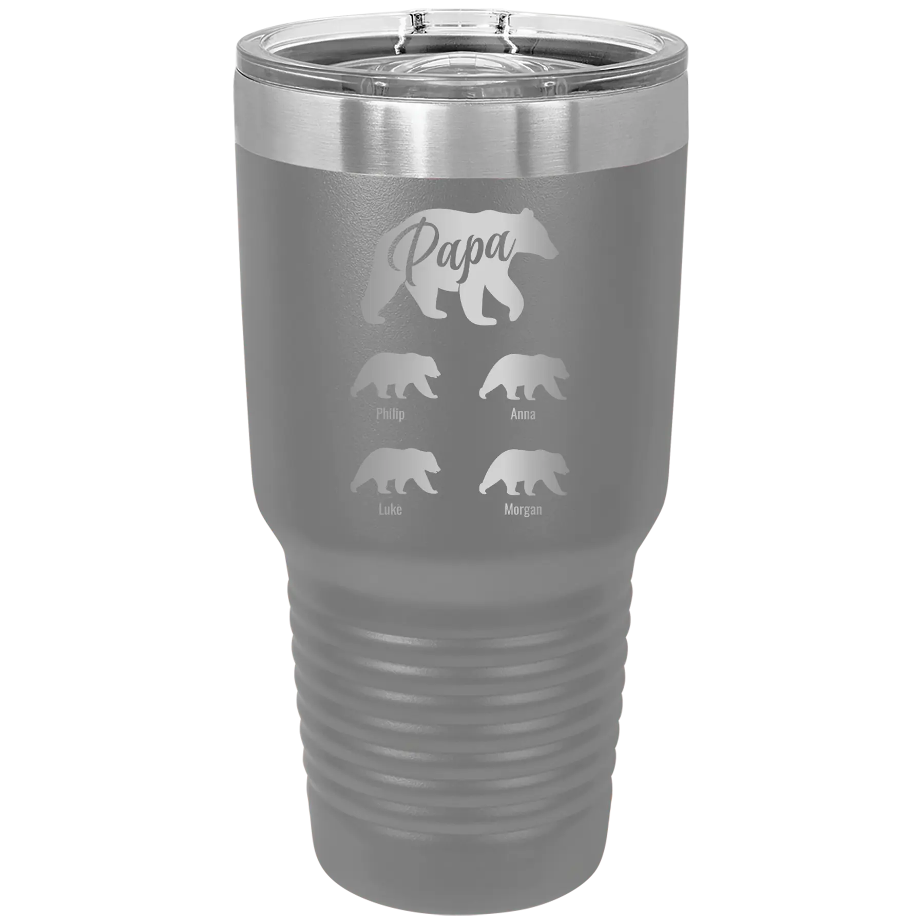 Personalized dark gray 30 oz vacuum insulated tumbler with 'Papa Bear 4 baby bears' design