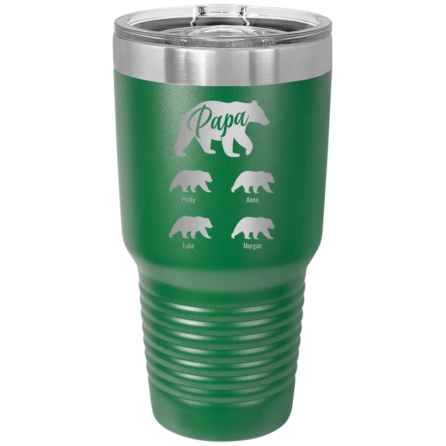 Personalized green 30 oz vacuum insulated tumbler with 'Papa Bear 4 baby bears' design