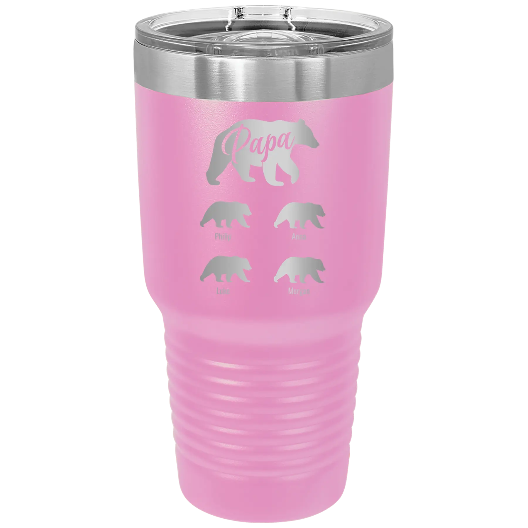 Personalized light purple 30 oz vacuum insulated tumbler with 'Papa Bear 4 baby bears' design