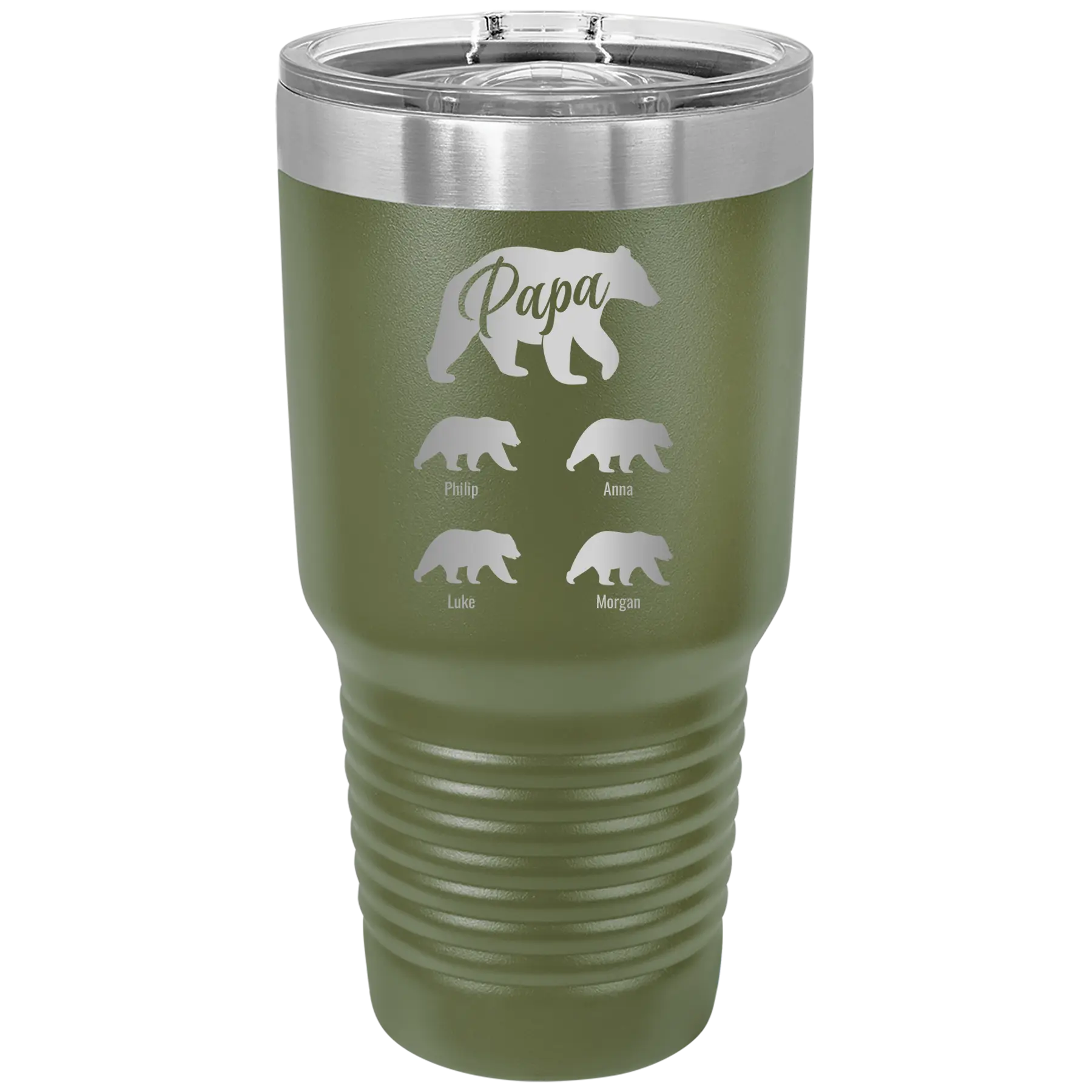 Personalized olive green 30 oz vacuum insulated tumbler with 'Papa Bear 4 baby bears' design
