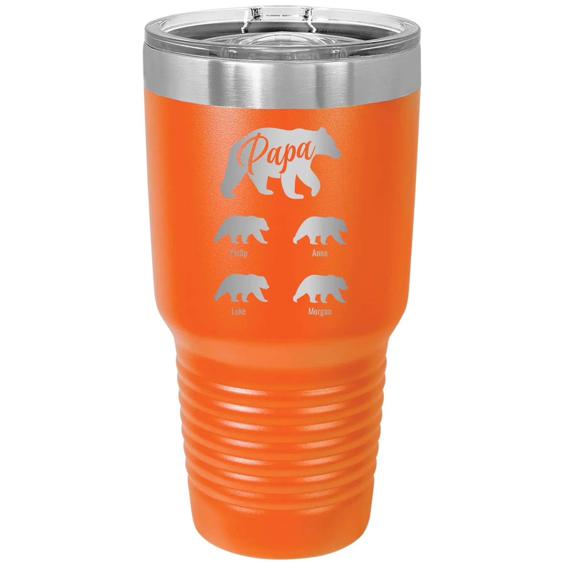 Personalized orange 30 oz vacuum insulated tumbler with 'Papa Bear 4 baby bears' design
