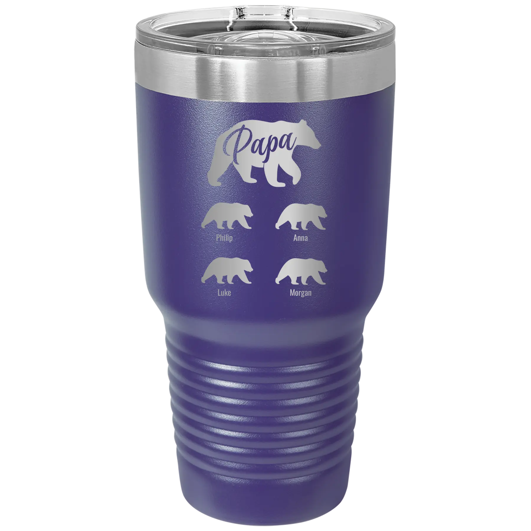 Personalized purple 30 oz vacuum insulated tumbler with 'Papa Bear 4 baby bears' design