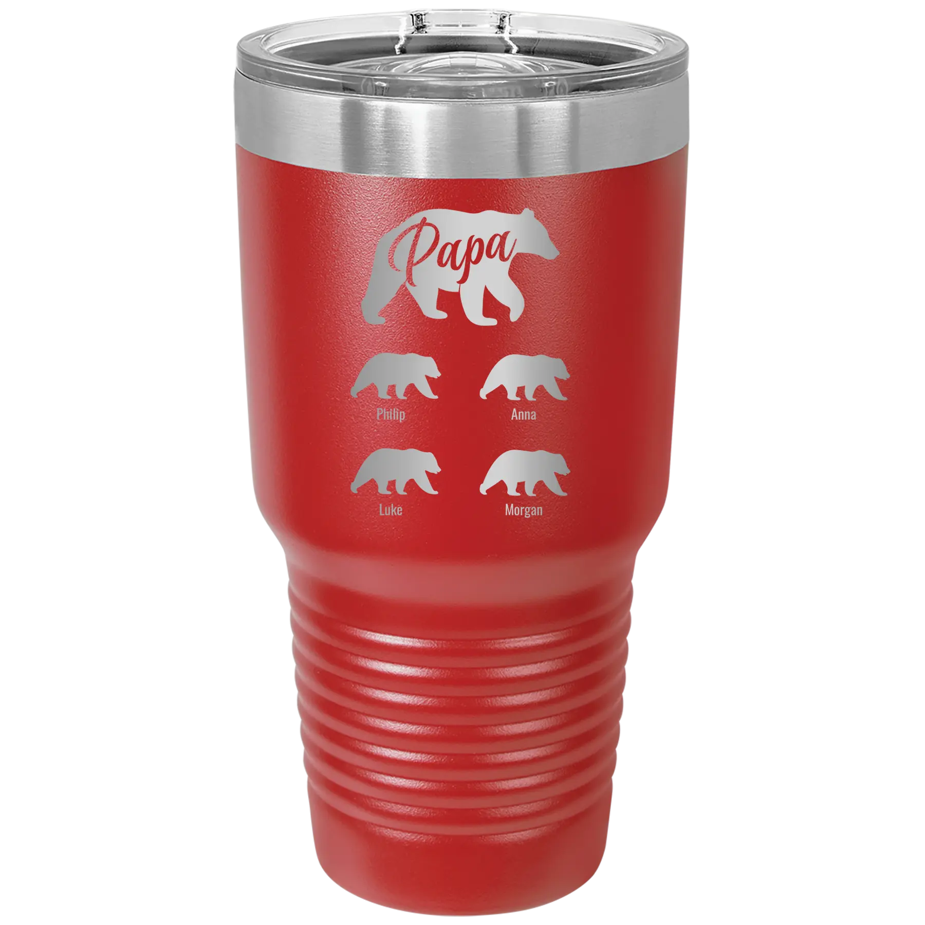 Personalized red 30 oz vacuum insulated tumbler with 'Papa Bear 4 baby bears' design