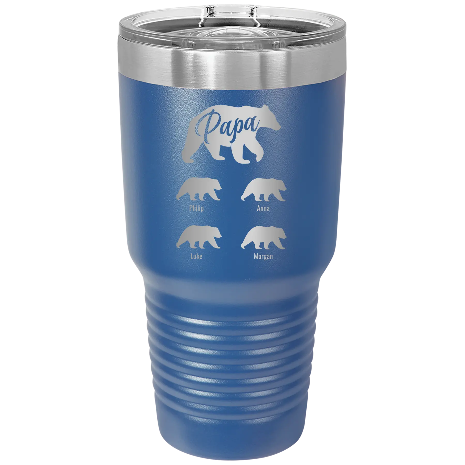 Personalized royal blue 30 oz vacuum insulated tumbler with 'Papa Bear 4 baby bears' design