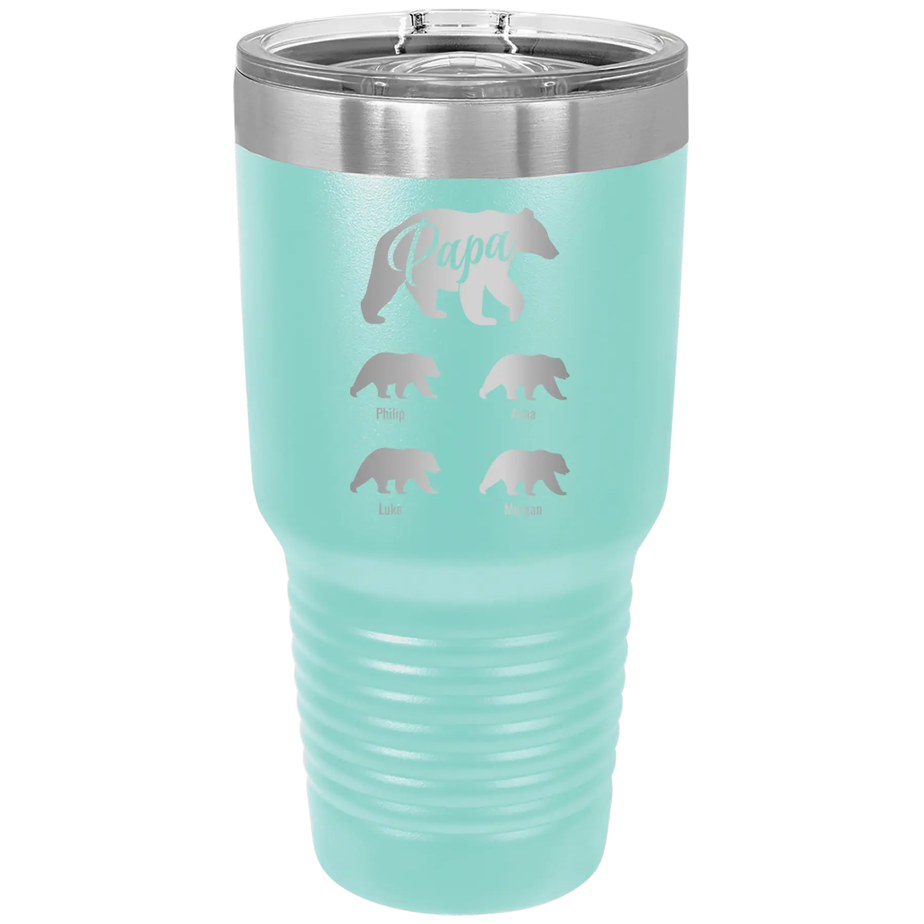 Personalized teal 30 oz vacuum insulated tumbler with 'Papa Bear 4 baby bears' design