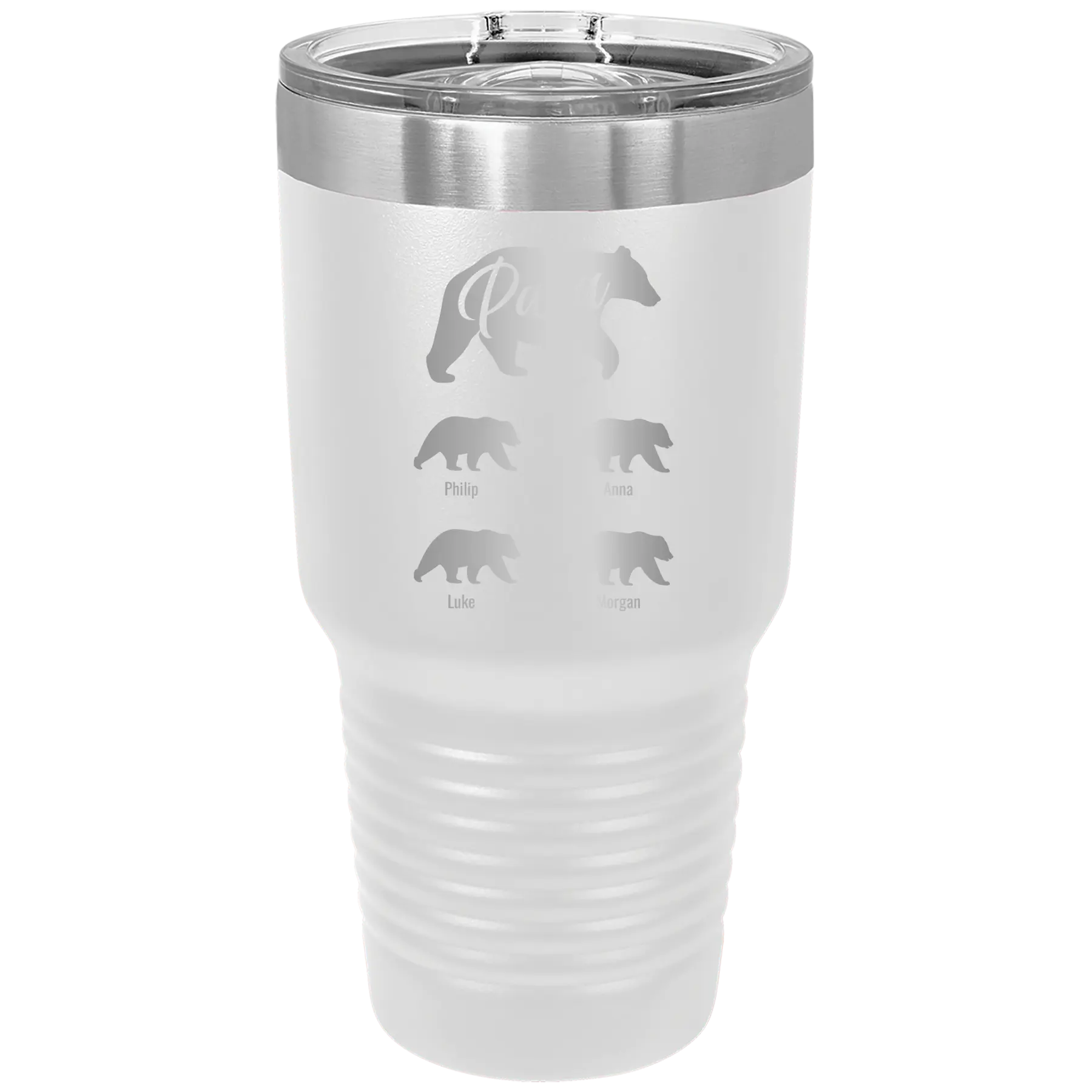 Personalized white 30 oz vacuum insulated tumbler with 'Papa Bear 4 baby bears' design