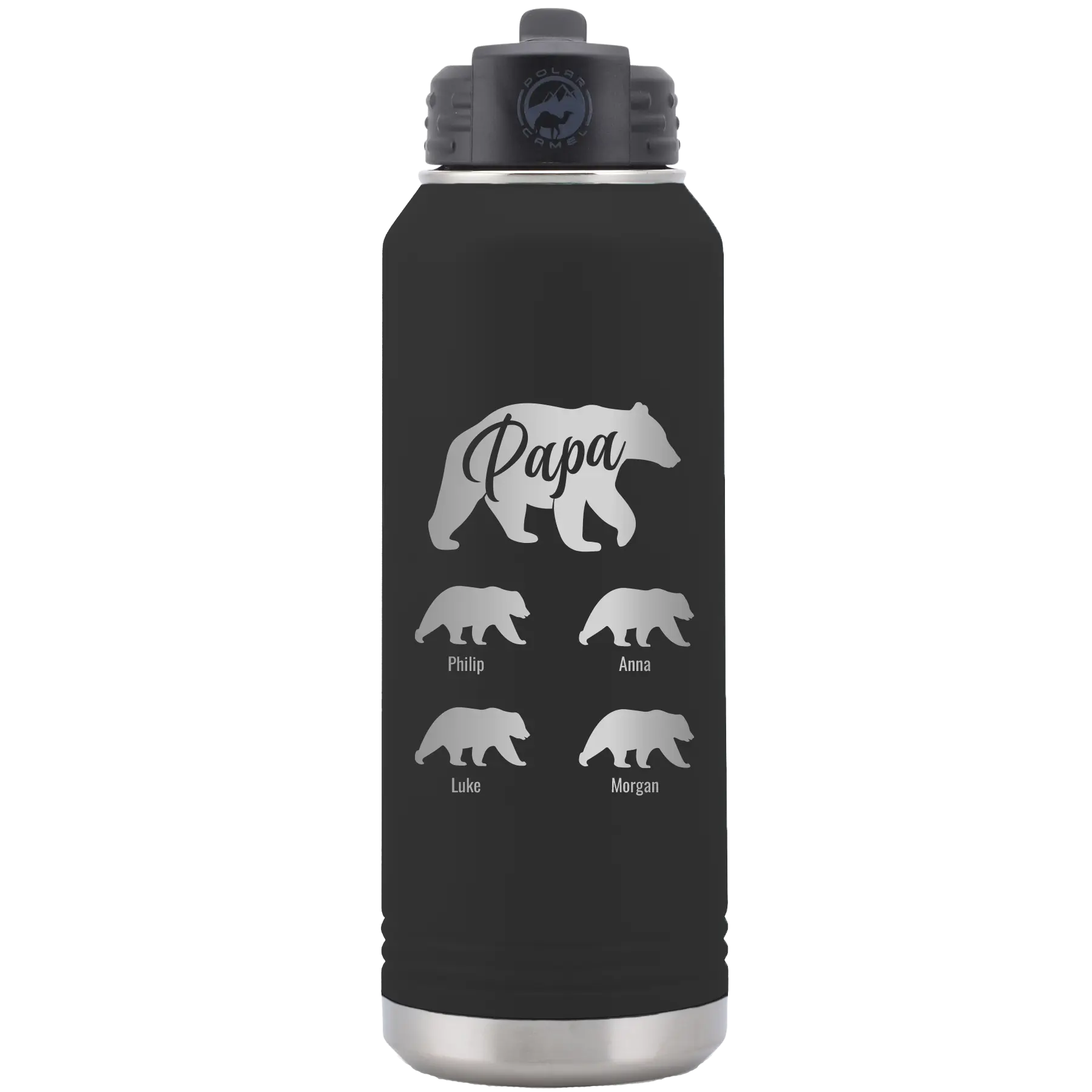 Personalized black 32 oz vacuum insulated water bottle with 'Papa Bear 4 baby bears' design